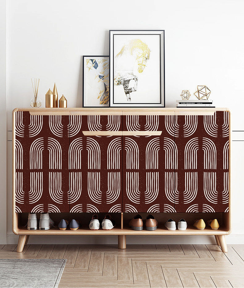 HaokHome Wallpaper Peel and Stick Geometric Curved Line Wall Decor in White & Brown Removable Mural