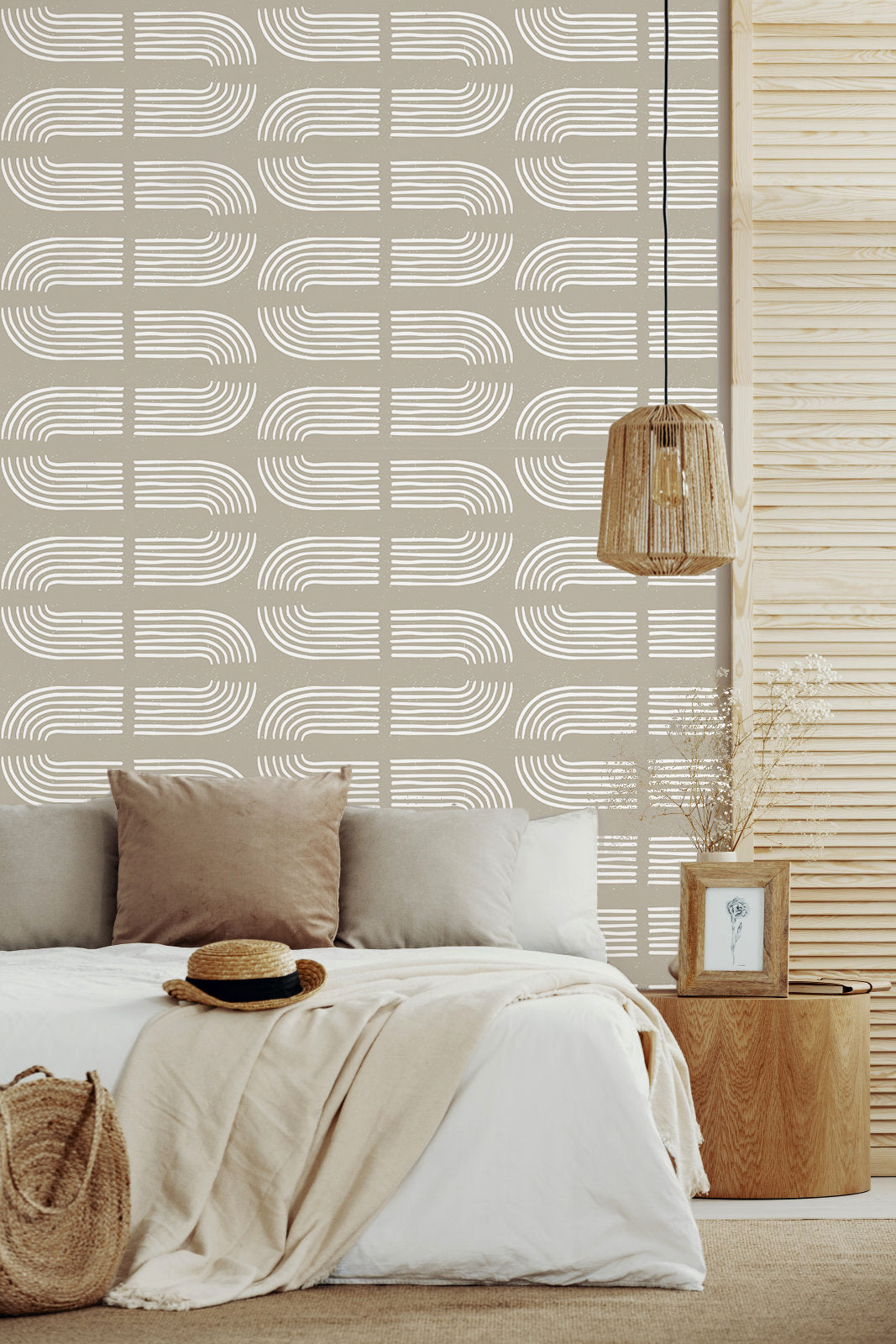 HaokHome Wallpaper Peel and Stick Geometric Curved Line Wall Decor in White & Sage Green Removable Mural