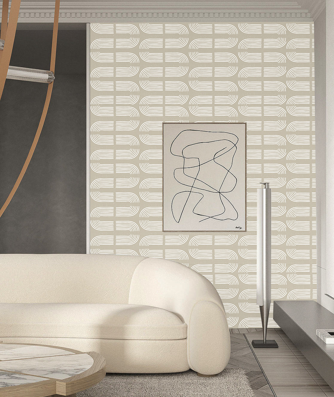 HaokHome Wallpaper Peel and Stick Geometric Curved Line Wall Decor in White & Sage Green Removable Mural