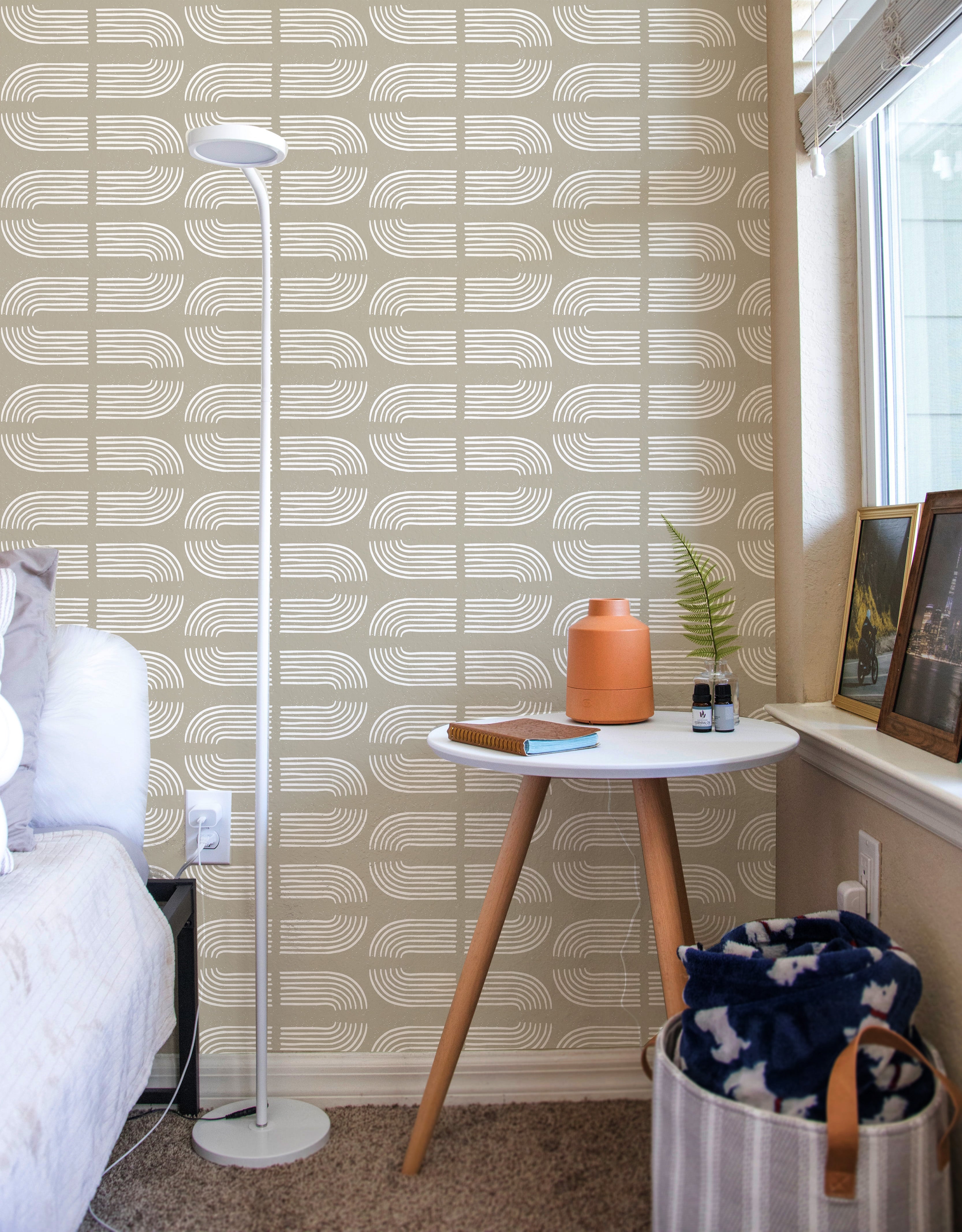 HaokHome Wallpaper Peel and Stick Geometric Curved Line Wall Decor in White & Sage Green Removable Mural