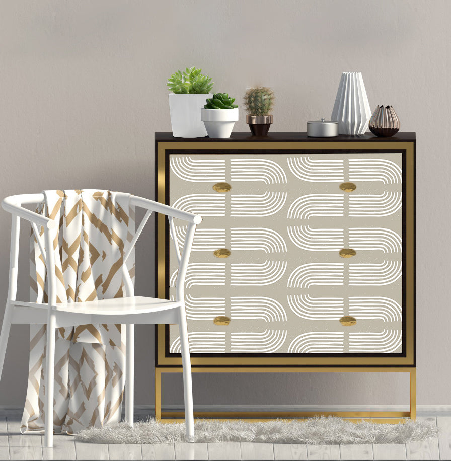 HaokHome Wallpaper Peel and Stick Geometric Curved Line Wall Decor in White & Sage Green Removable Mural