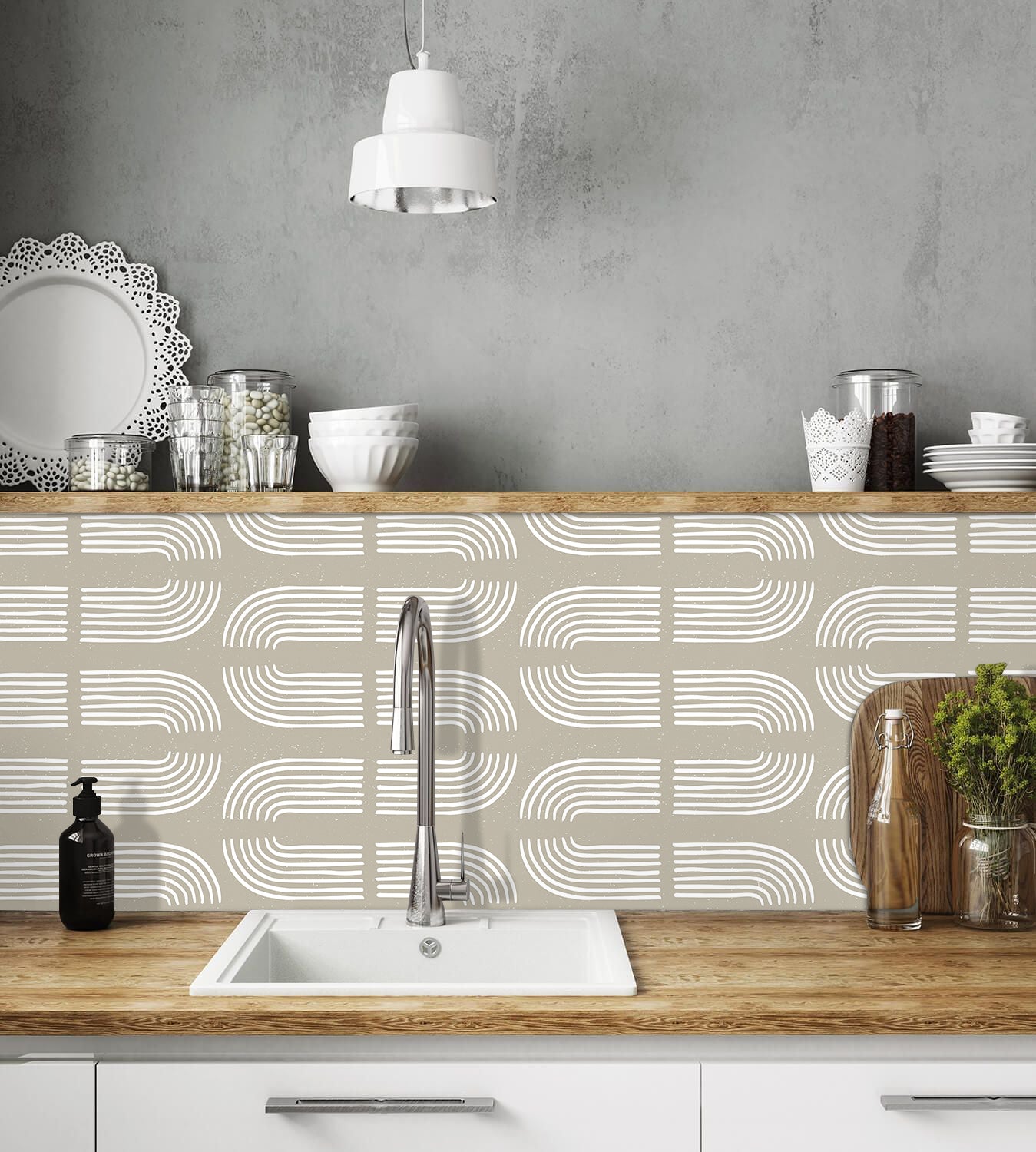 HaokHome Wallpaper Peel and Stick Geometric Curved Line Wall Decor in White & Sage Green Removable Mural