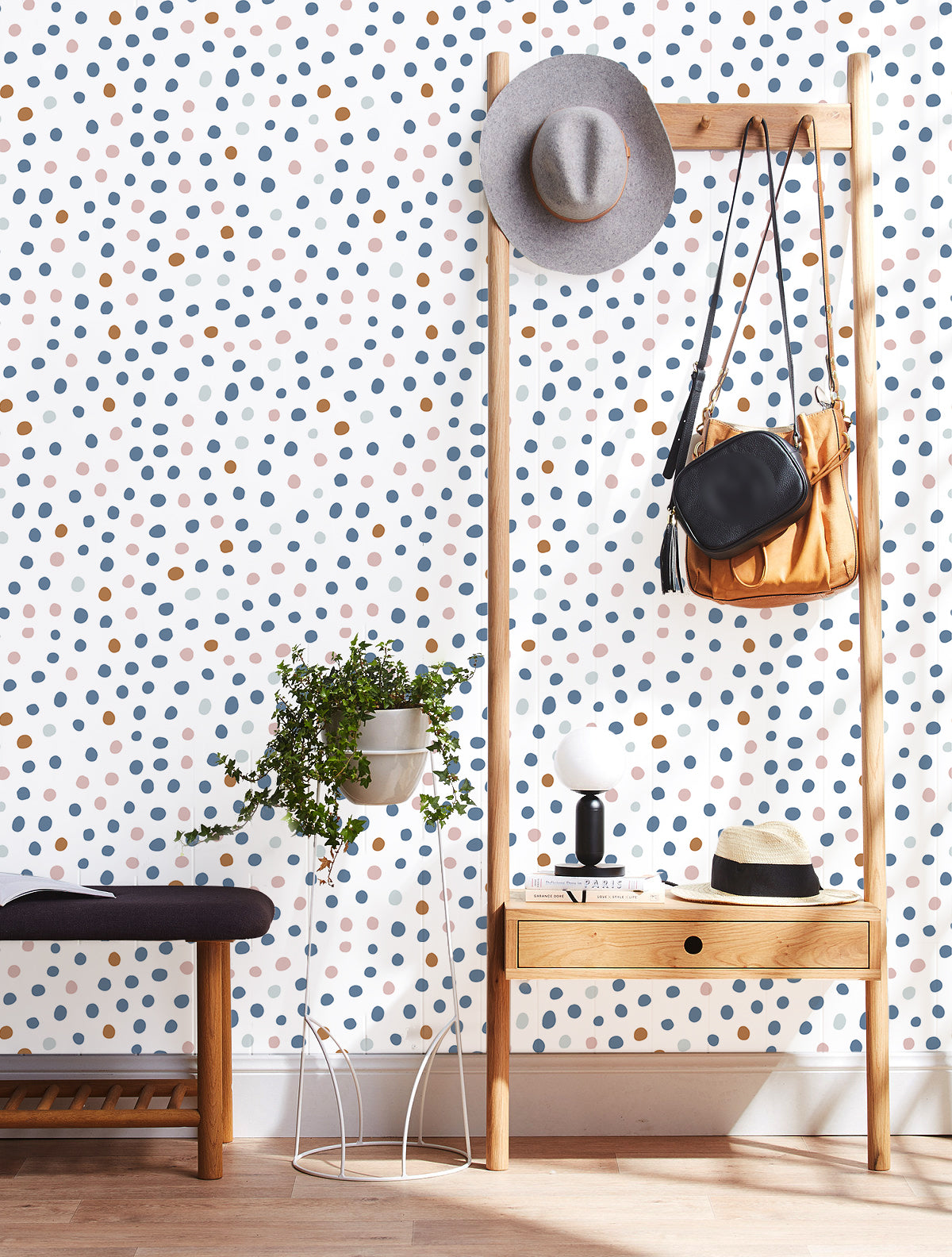 HaokHome Wallpaper Peel and Stick Geometric Polka Dot Blue/Pink/Brown Minimalist Wall Decor Removable Mural for Kids' Room & Playroom