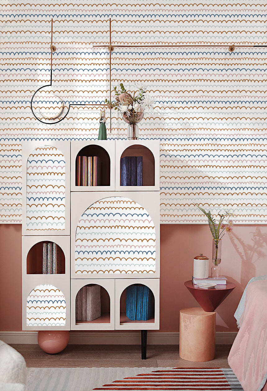 HaokHome Wallpaper Peel and Stick Geometric Wave Pattern Brown/Blue/Pink Minimalist Wall Decor Removable Mural for Kids' Room & Nursery