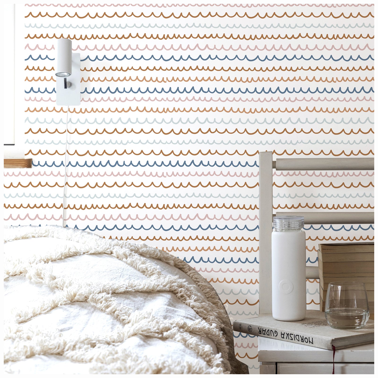 HaokHome Wallpaper Peel and Stick Geometric Wave Pattern Brown/Blue/Pink Minimalist Wall Decor Removable Mural for Kids' Room & Nursery