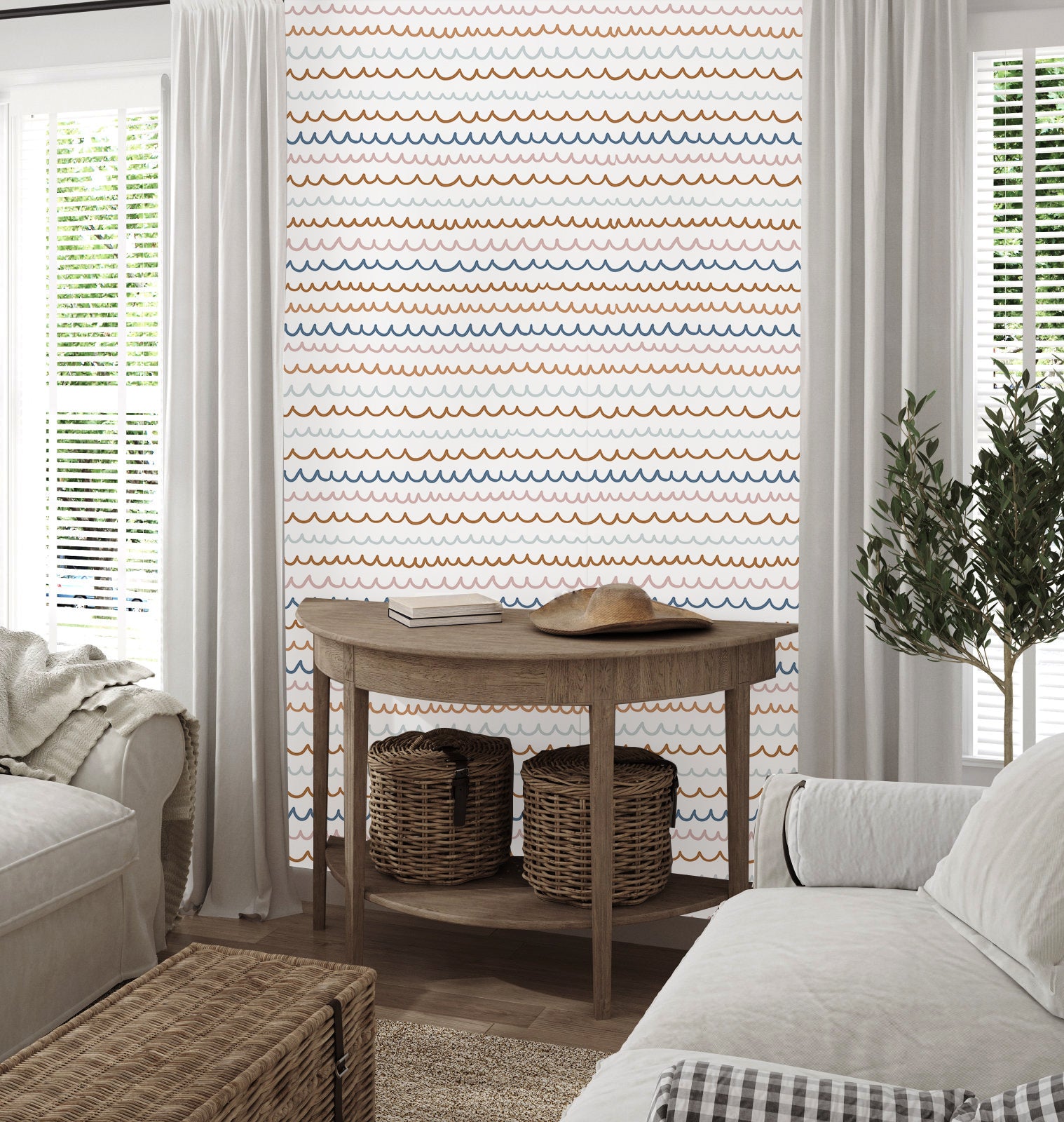 HaokHome Wallpaper Peel and Stick Geometric Wave Pattern Brown/Blue/Pink Minimalist Wall Decor Removable Mural for Kids' Room & Nursery