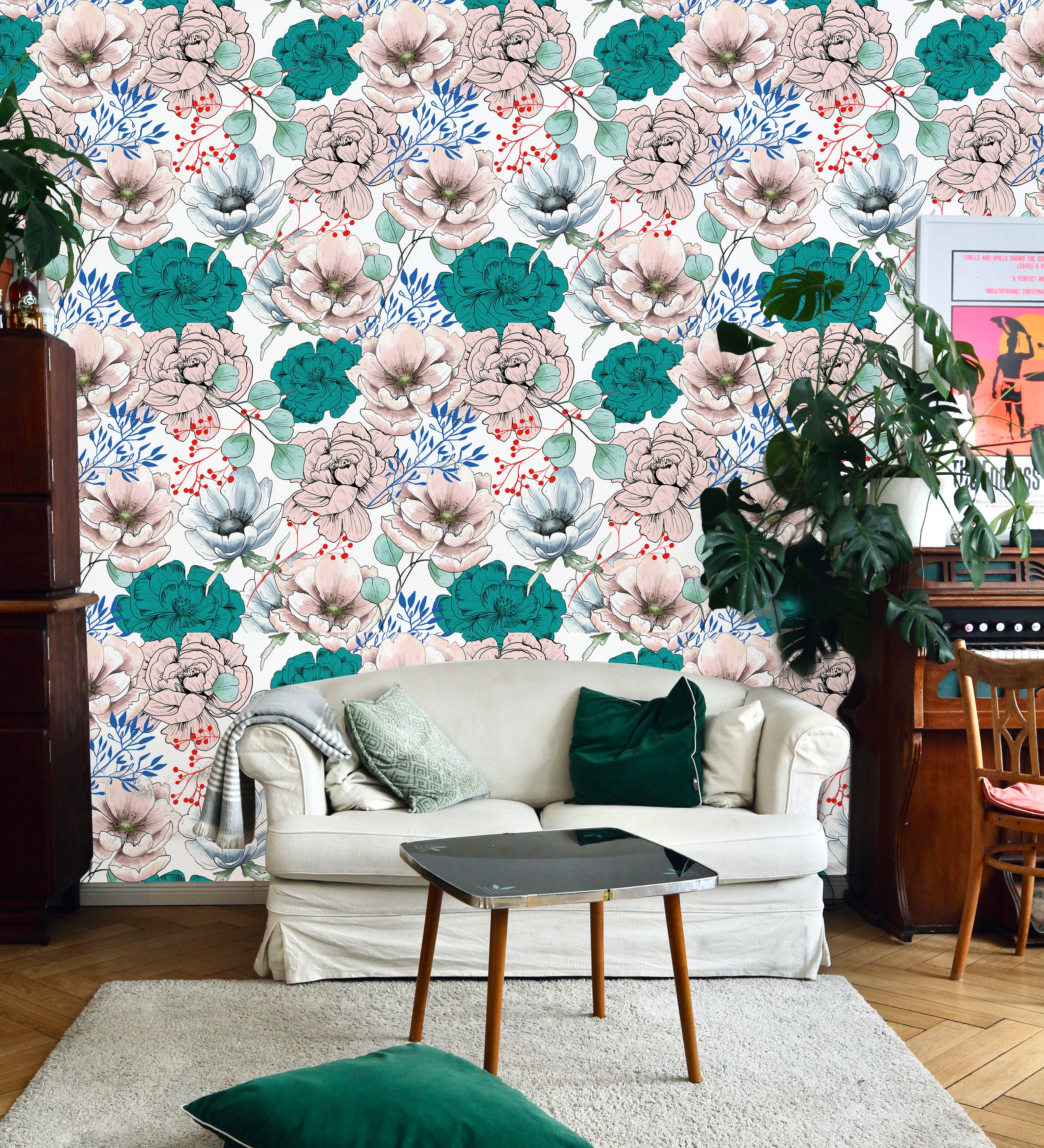 HaokHome Wallpaper Peel and Stick Hand-Drawn Floral Pink/Green/Blue Botanical Wall Decor Removable Mural for Bedroom & Living Room