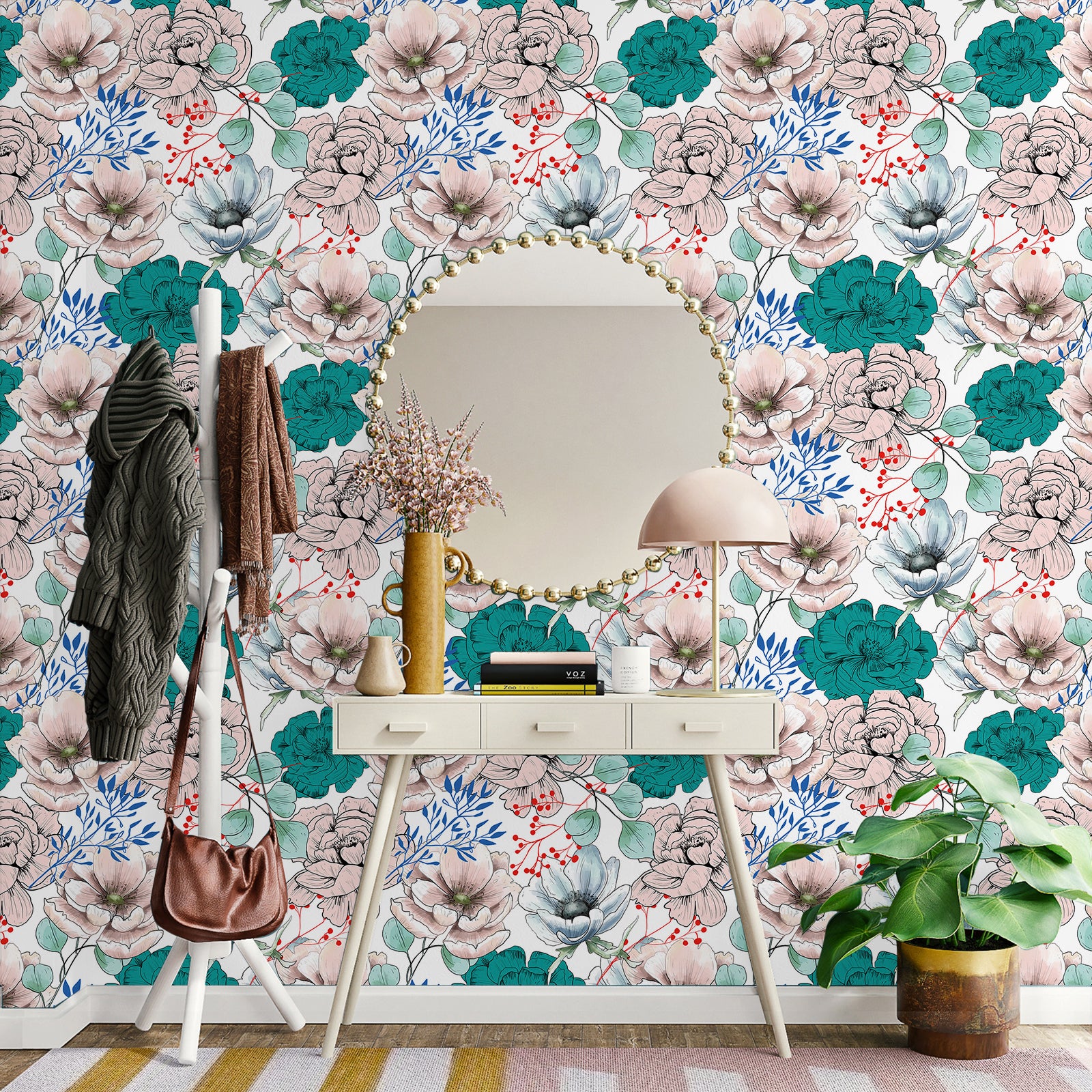 HaokHome Wallpaper Peel and Stick Hand-Drawn Floral Pink/Green/Blue Botanical Wall Decor Removable Mural for Bedroom & Living Room
