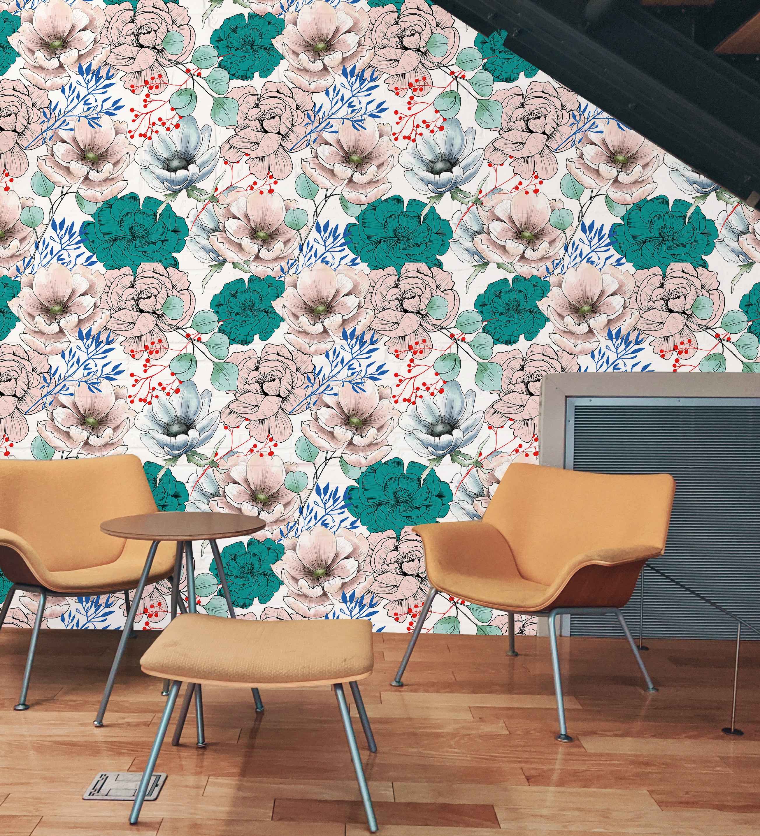 HaokHome Wallpaper Peel and Stick Hand-Drawn Floral Pink/Green/Blue Botanical Wall Decor Removable Mural for Bedroom & Living Room