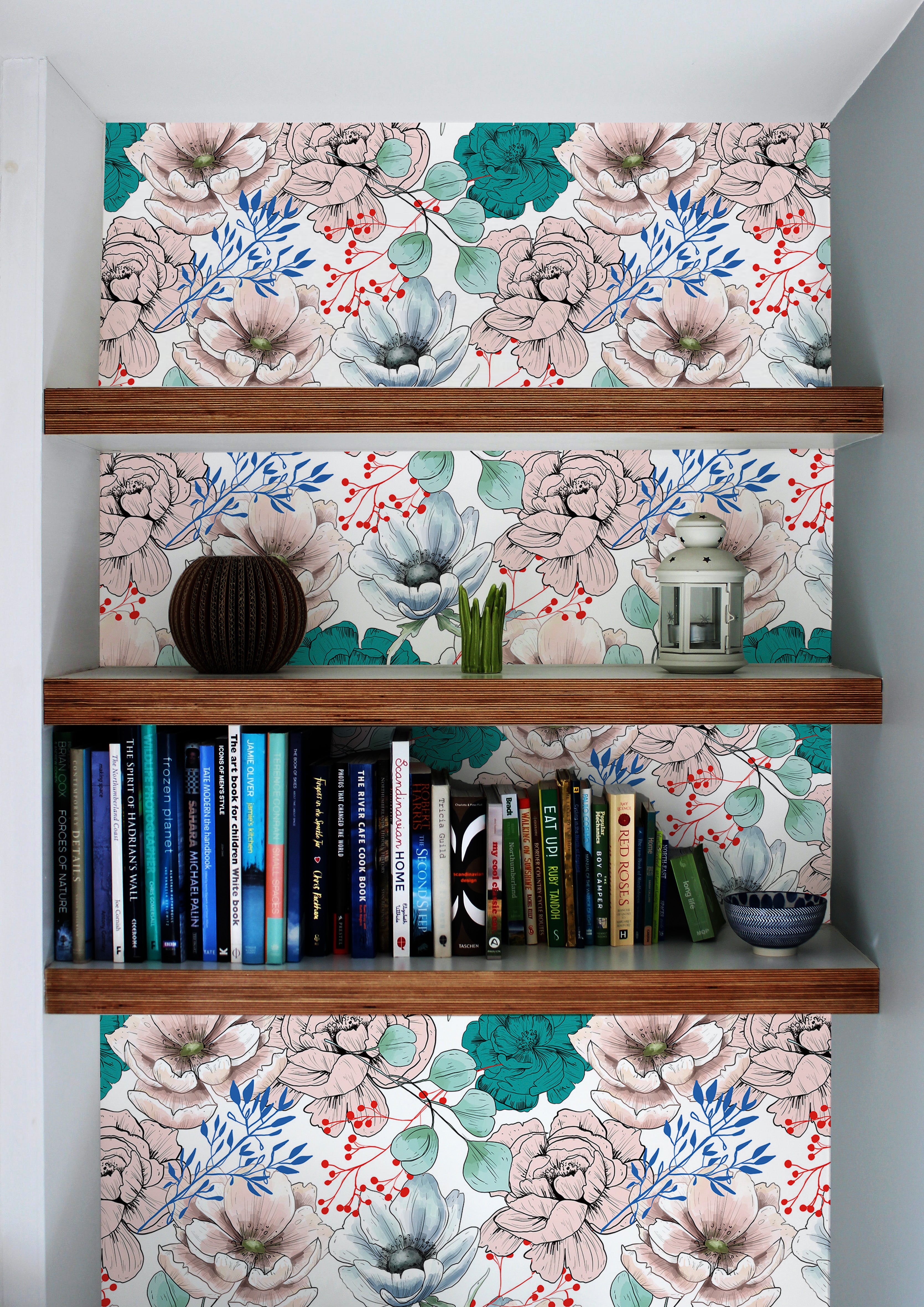 HaokHome Wallpaper Peel and Stick Hand-Drawn Floral Pink/Green/Blue Botanical Wall Decor Removable Mural for Bedroom & Living Room