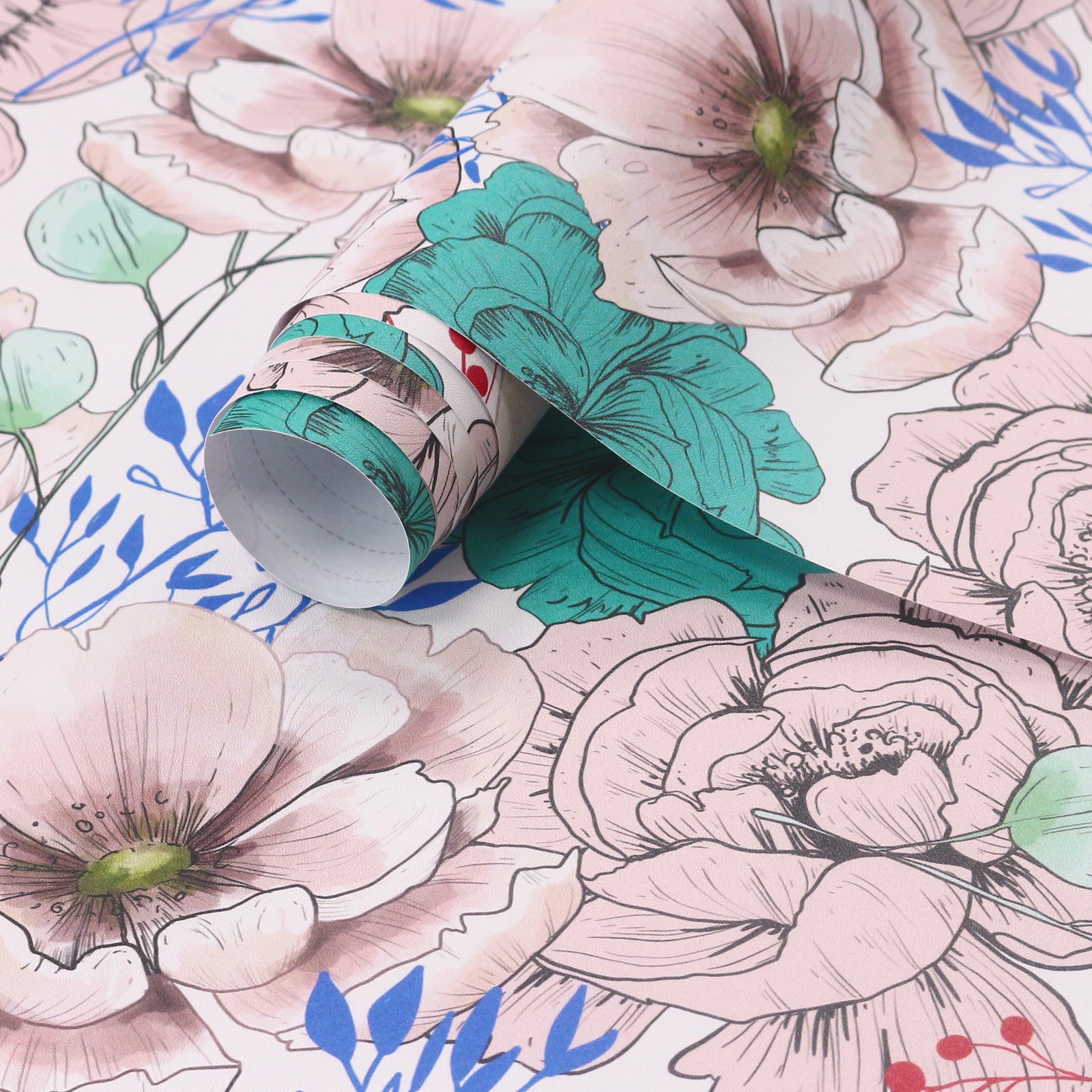 HaokHome Wallpaper Peel and Stick Hand-Drawn Floral Pink/Green/Blue Botanical Wall Decor Removable Mural for Bedroom & Living Room