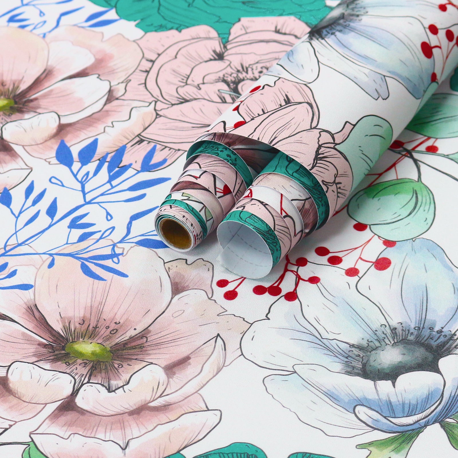 HaokHome Wallpaper Peel and Stick Hand-Drawn Floral Pink/Green/Blue Botanical Wall Decor Removable Mural for Bedroom & Living Room