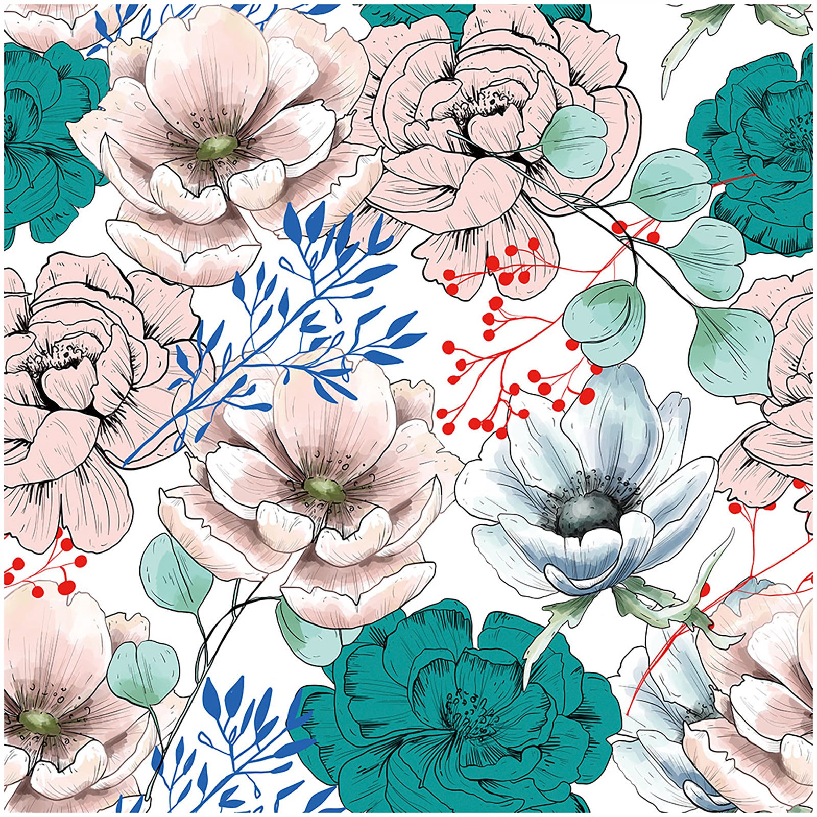 HaokHome Wallpaper Peel and Stick Hand-Drawn Floral Pink/Green/Blue Botanical Wall Decor Removable Mural for Bedroom & Living Room