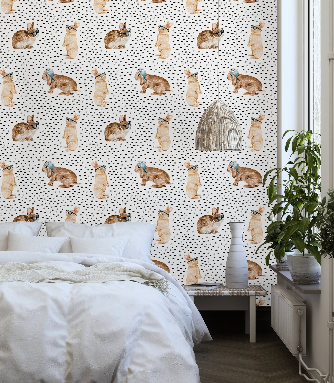 HaokHome Wallpaper Peel and Stick Kids' Room Bunny with Glasses Watercolor Wall Decor Removable Mural for Nursery & Playroom