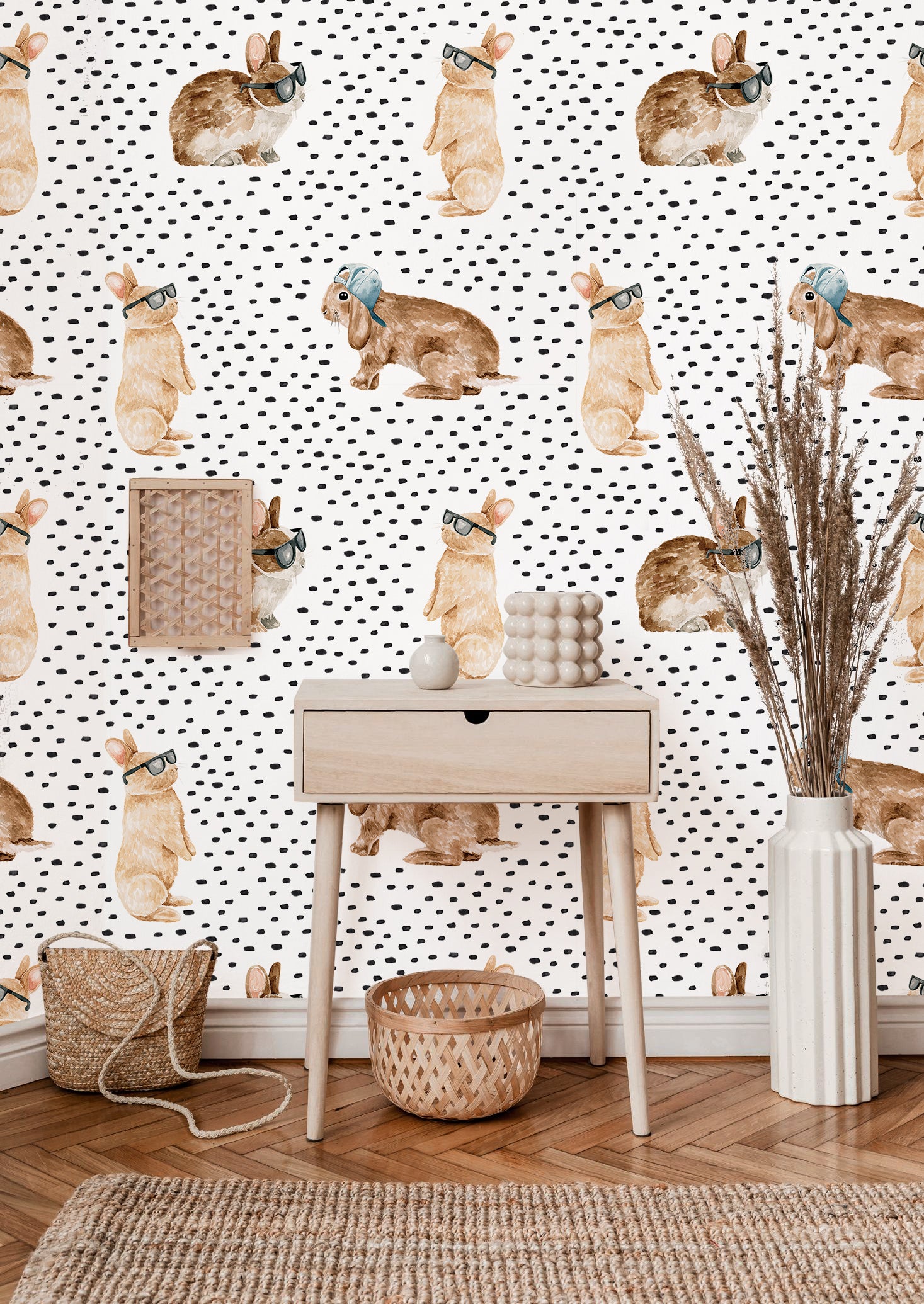 HaokHome Wallpaper Peel and Stick Kids' Room Bunny with Glasses Watercolor Wall Decor Removable Mural for Nursery & Playroom