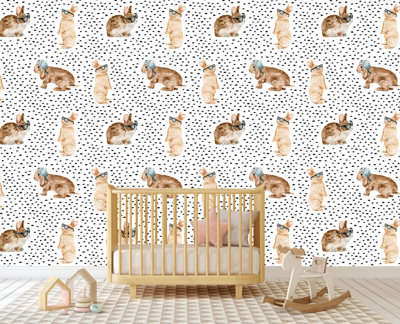 HaokHome Wallpaper Peel and Stick Kids' Room Bunny with Glasses Watercolor Wall Decor Removable Mural for Nursery & Playroom
