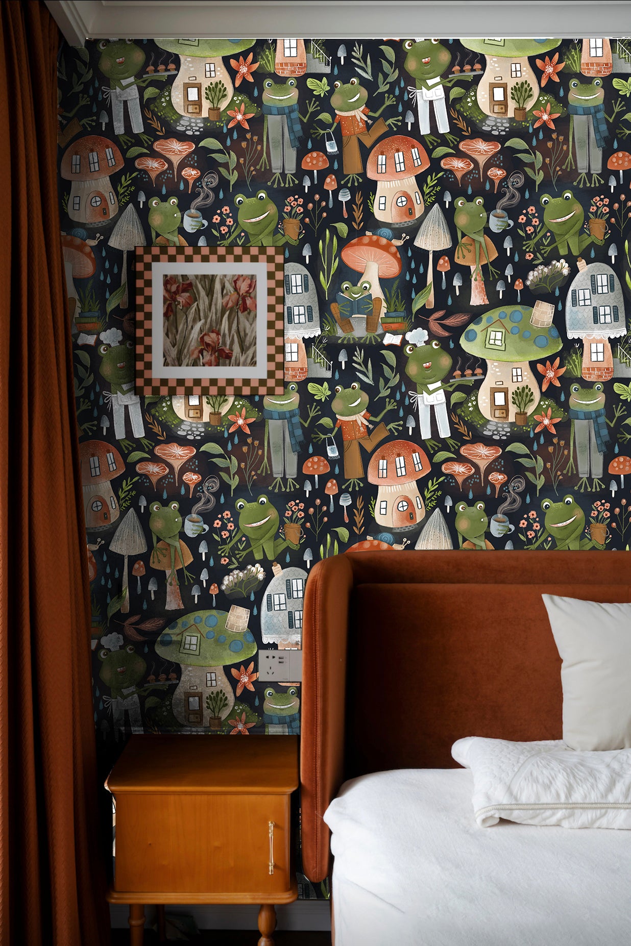 HaokHome Wallpaper Peel and Stick Kids' Room Forest Frogs & Mushroom Houses Cartoon Wall Decor Removable Mural for Nursery & Playroom