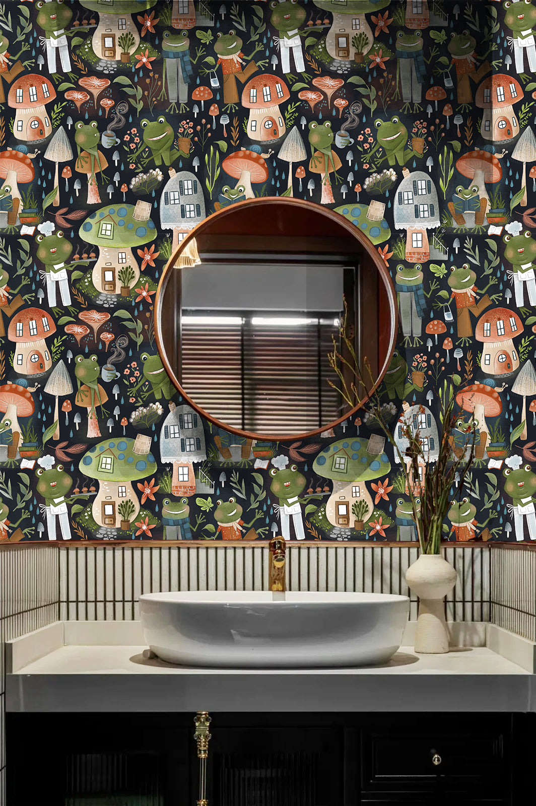 HaokHome Wallpaper Peel and Stick Kids' Room Forest Frogs & Mushroom Houses Cartoon Wall Decor Removable Mural for Nursery & Playroom
