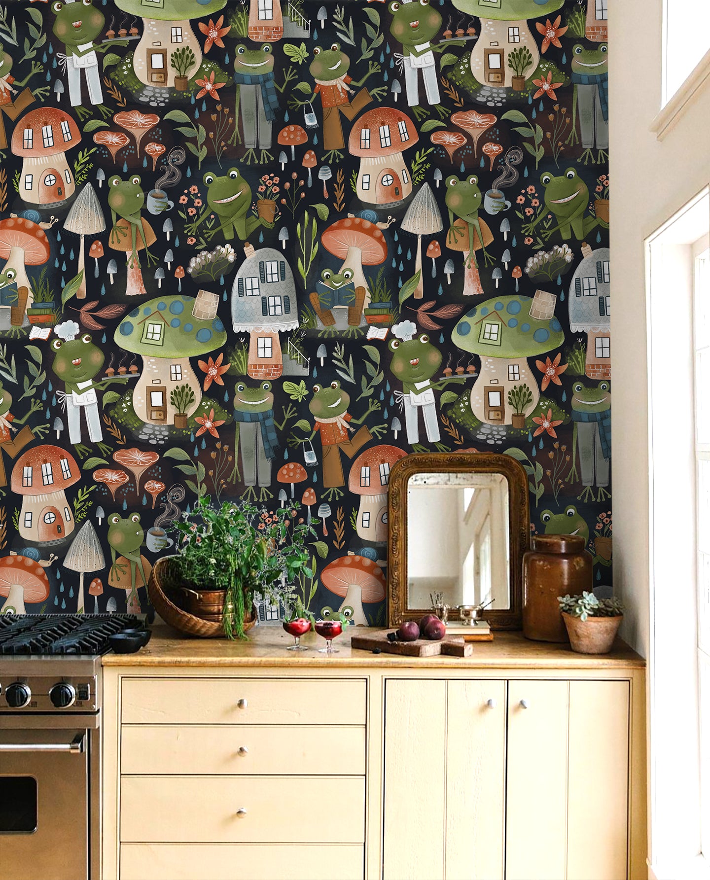 HaokHome Wallpaper Peel and Stick Kids' Room Forest Frogs & Mushroom Houses Cartoon Wall Decor Removable Mural for Nursery & Playroom