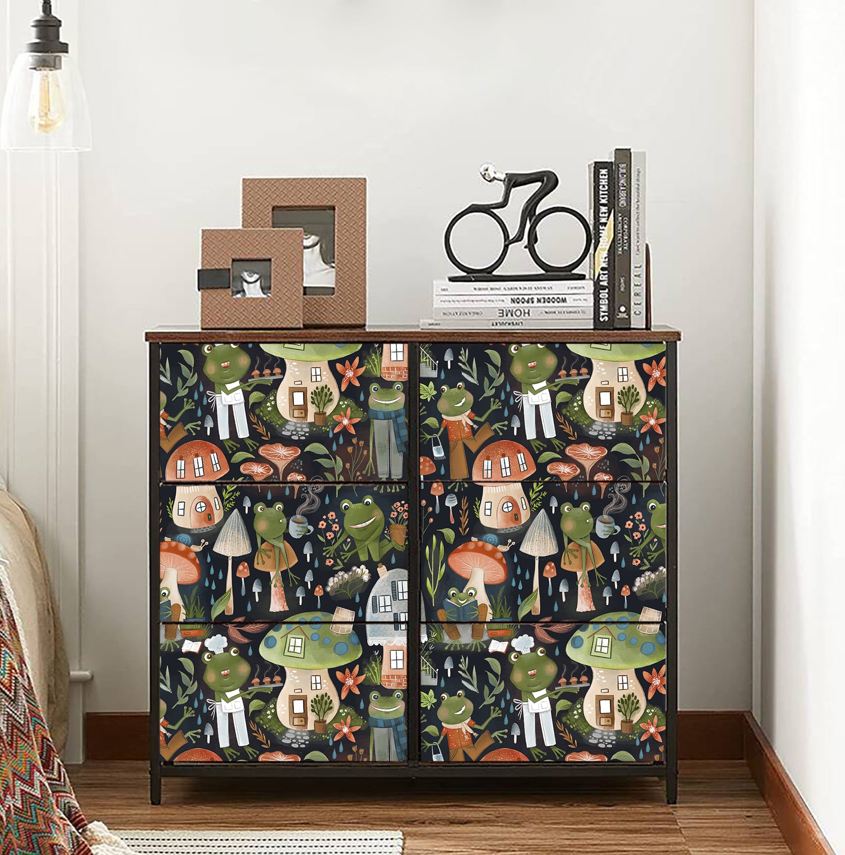 HaokHome Wallpaper Peel and Stick Kids' Room Forest Frogs & Mushroom Houses Cartoon Wall Decor Removable Mural for Nursery & Playroom