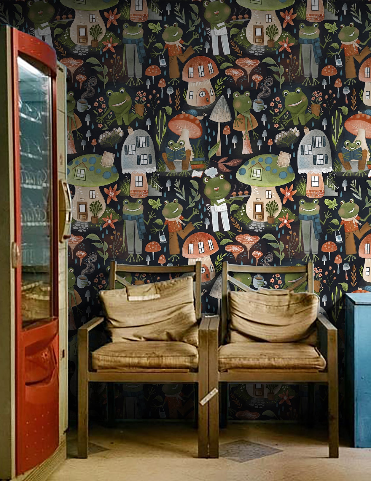 HaokHome Wallpaper Peel and Stick Kids' Room Forest Frogs & Mushroom Houses Cartoon Wall Decor Removable Mural for Nursery & Playroom