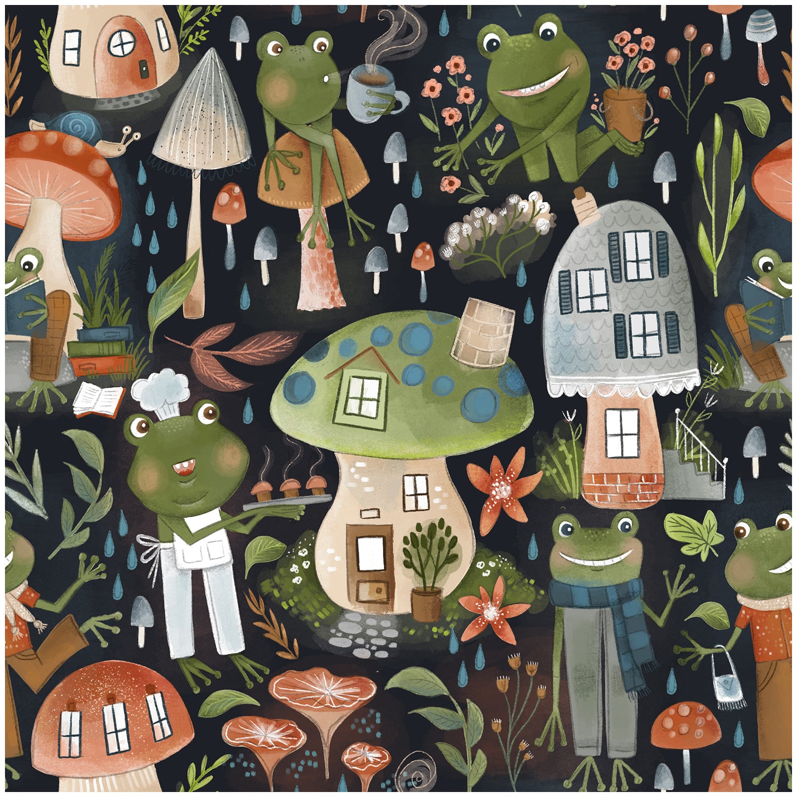 HaokHome Wallpaper Peel and Stick Kids' Room Forest Frogs & Mushroom Houses Cartoon Wall Decor Removable Mural for Nursery & Playroom