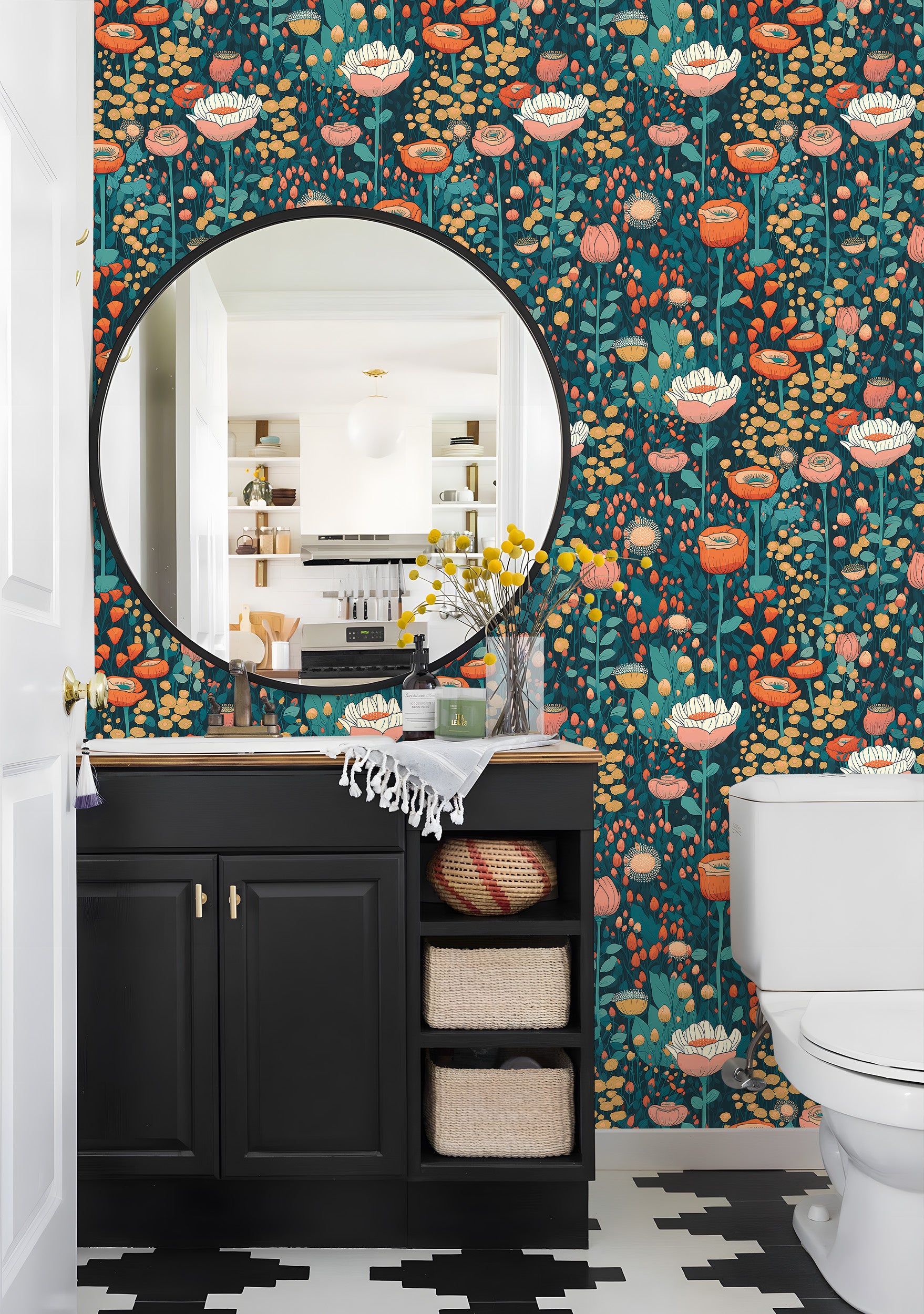 HaokHome Wallpaper Peel and Stick Large Floral Green/Red/Pink Botanical Wall Decor Removable Mural