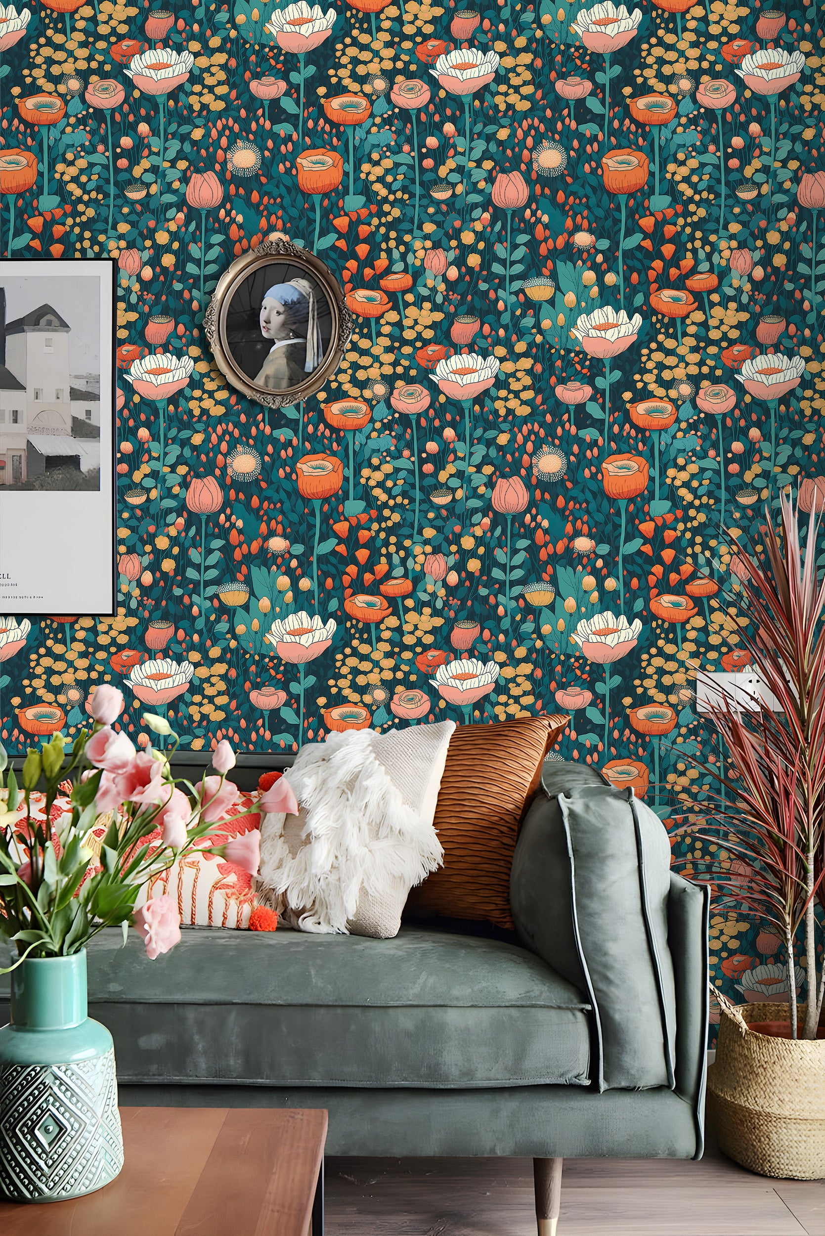 HaokHome Wallpaper Peel and Stick Large Floral Green/Red/Pink Botanical Wall Decor Removable Mural