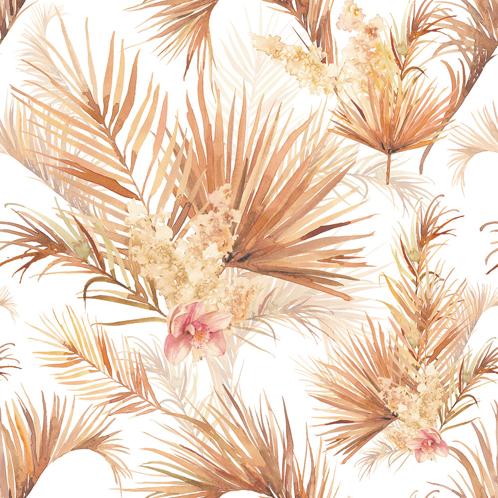 HaokHome Wallpaper Peel and Stick Palm Leaves and Orchid Watercolor Wall Decor in Beige, Brown & Pink Removable Mural