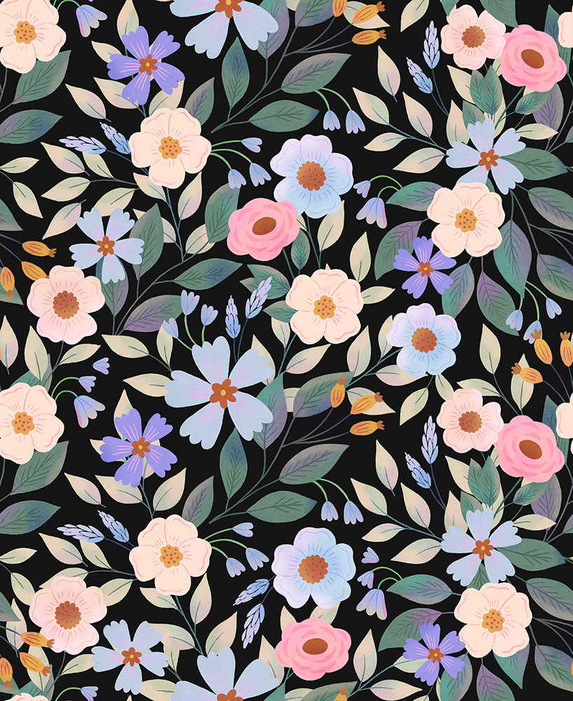 HaokHome Wallpaper Peel and Stick Pastel Wildflowers Black/Pink/Blue Botanical Wall Decor Removable Mural