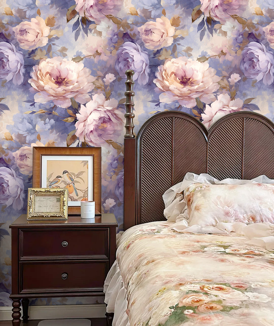 HaokHome Wallpaper Peel and Stick Peony Floral Watercolor Wall Decor in Soft Pink, Purple & Gold Removable Mural