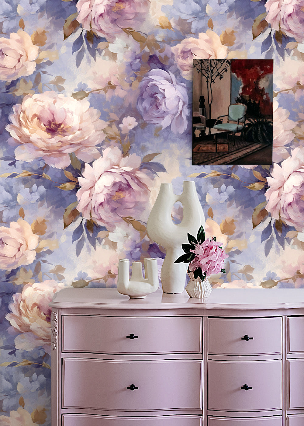 HaokHome Wallpaper Peel and Stick Peony Floral Watercolor Wall Decor in Soft Pink, Purple & Gold Removable Mural