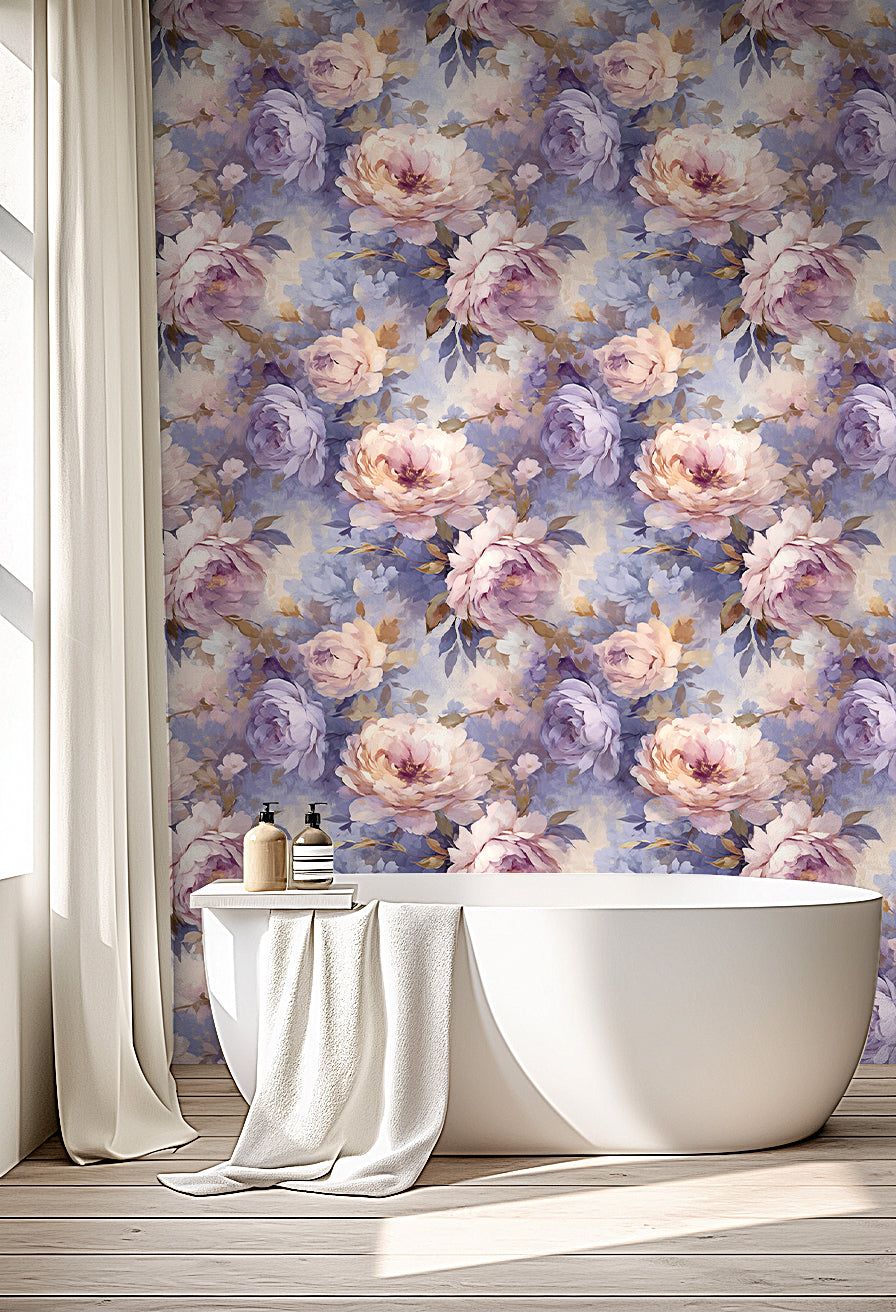 HaokHome Wallpaper Peel and Stick Peony Floral Watercolor Wall Decor in Soft Pink, Purple & Gold Removable Mural