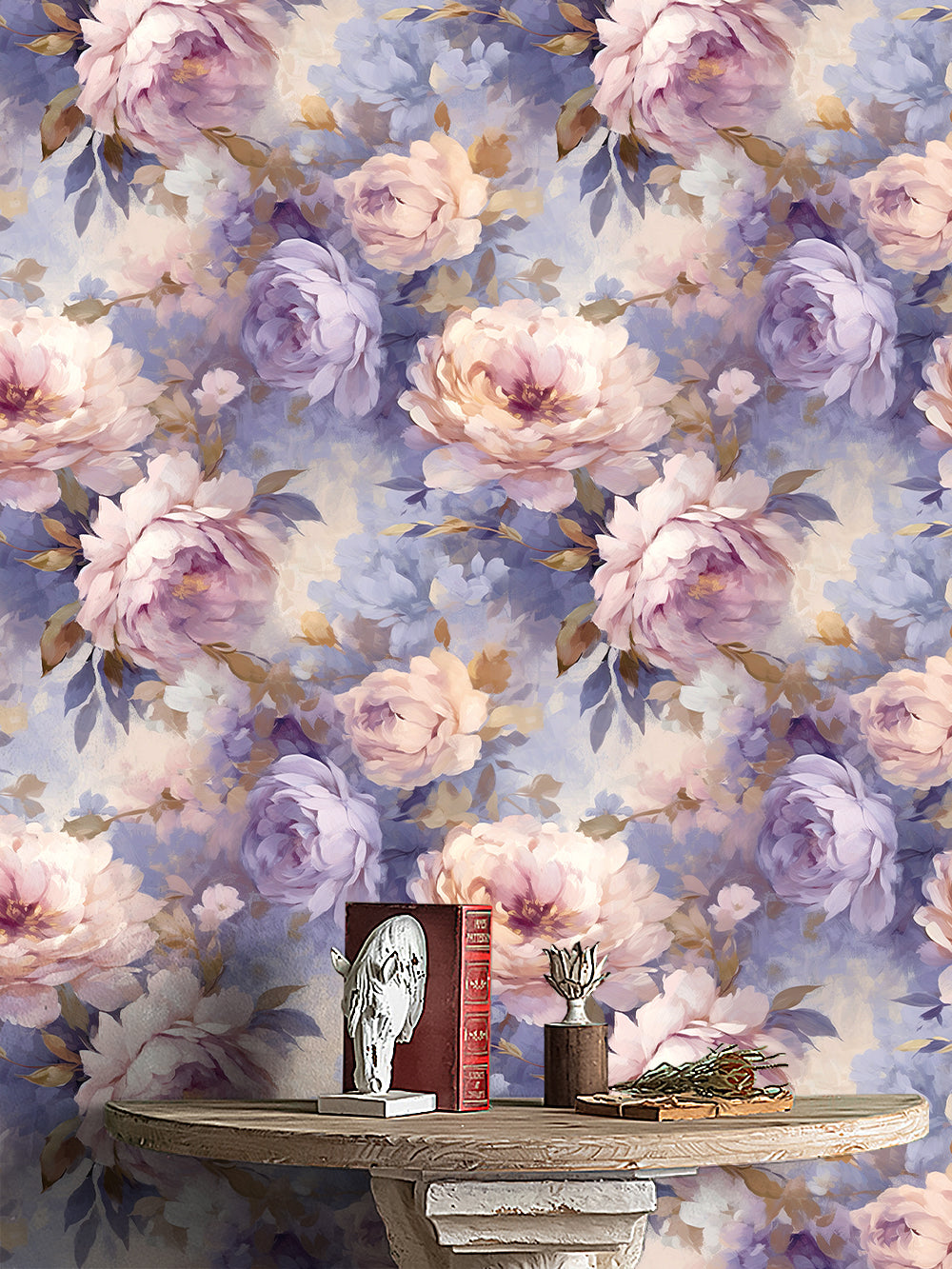 HaokHome Wallpaper Peel and Stick Peony Floral Watercolor Wall Decor in Soft Pink, Purple & Gold Removable Mural