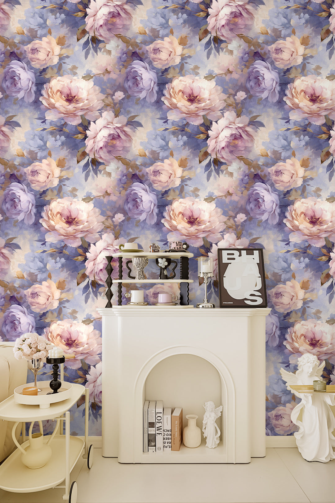 HaokHome Wallpaper Peel and Stick Peony Floral Watercolor Wall Decor in Soft Pink, Purple & Gold Removable Mural