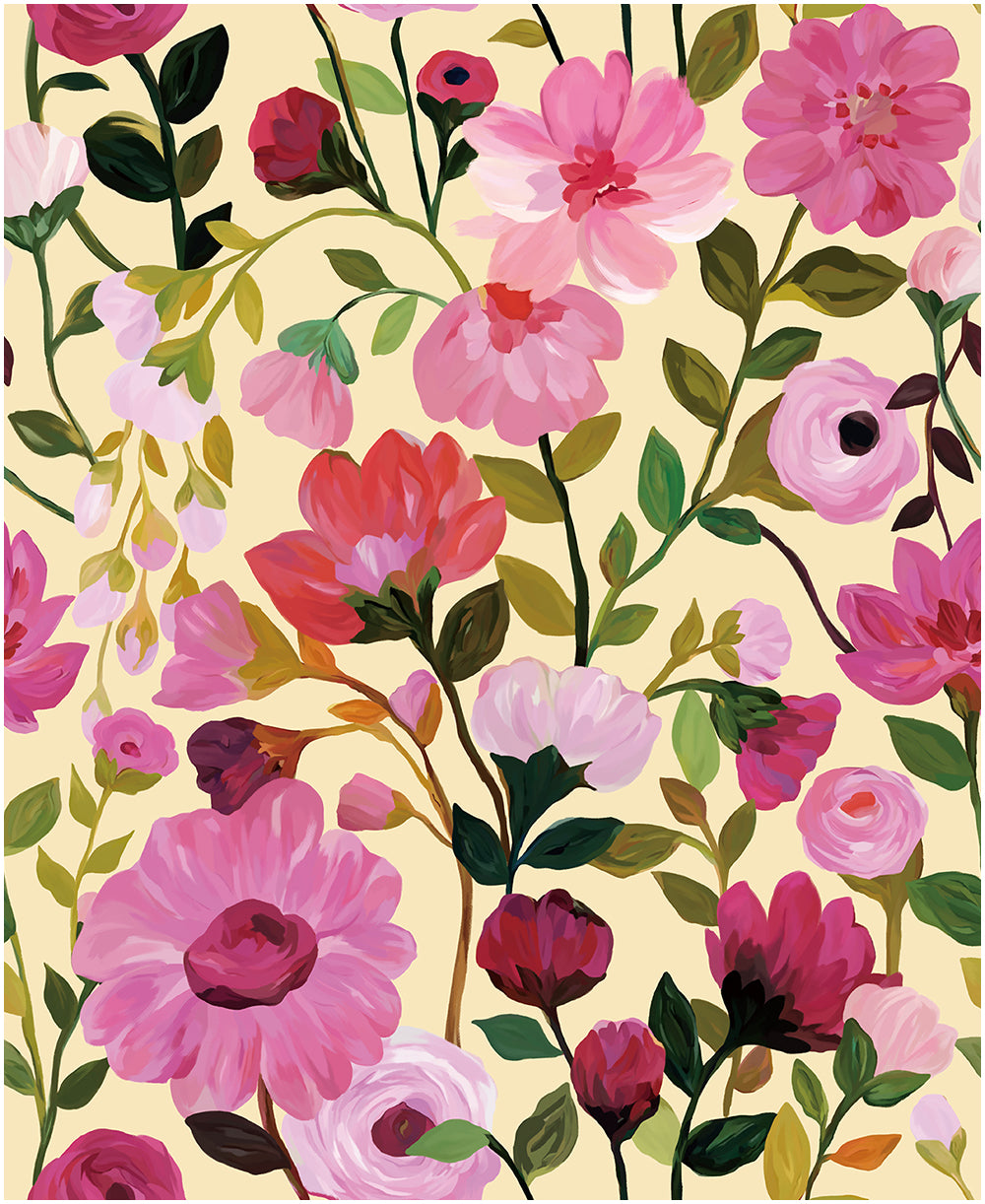 HaokHome Wallpaper Peel and Stick Pink Dahlia & Rose Beige/Green Botanical Wall Decor Removable Mural