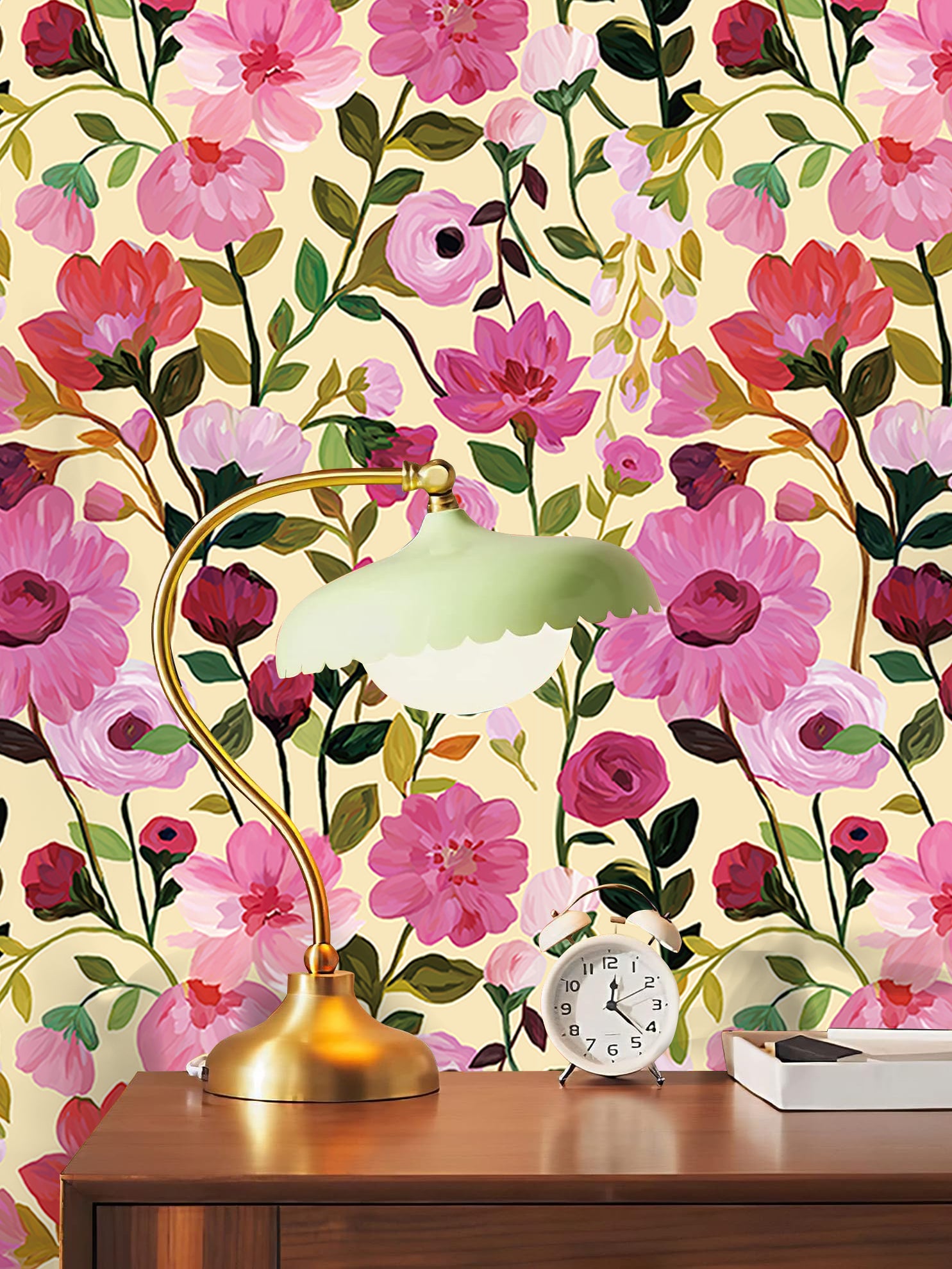 HaokHome Wallpaper Peel and Stick Pink Dahlia & Rose Beige/Green Botanical Wall Decor Removable Mural