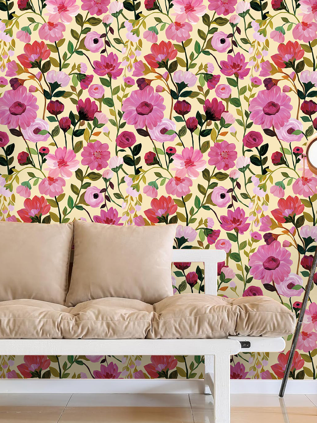 HaokHome Wallpaper Peel and Stick Pink Dahlia & Rose Beige/Green Botanical Wall Decor Removable Mural