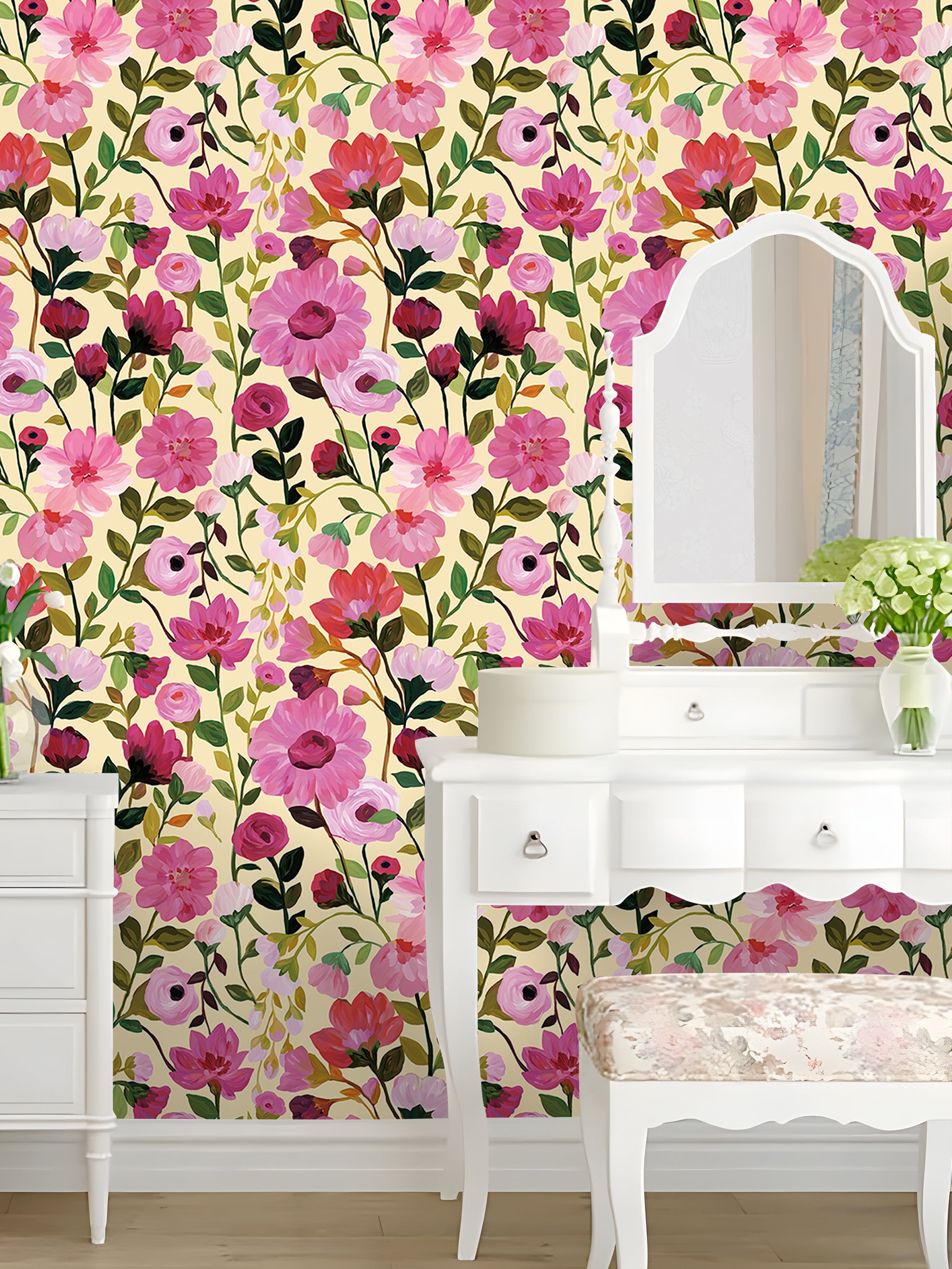 HaokHome Wallpaper Peel and Stick Pink Dahlia & Rose Beige/Green Botanical Wall Decor Removable Mural