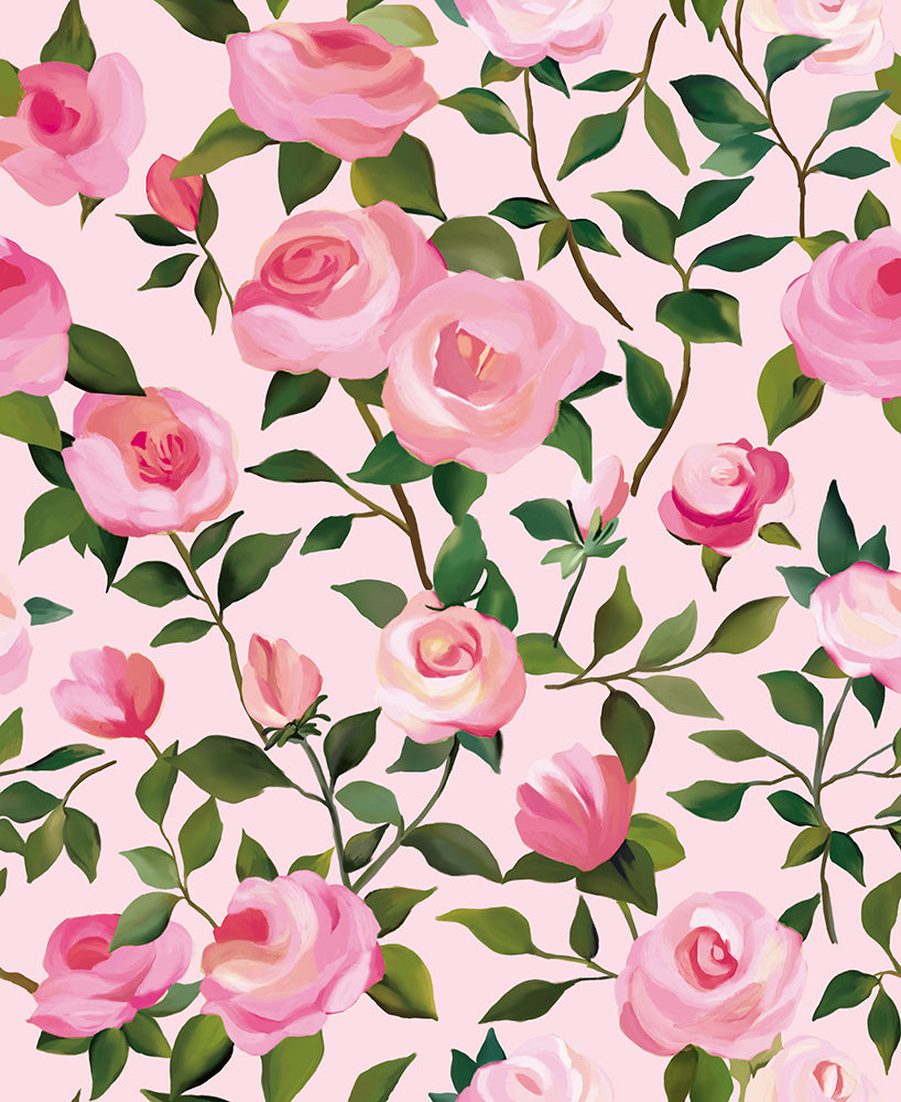 HaokHome Wallpaper Peel and Stick Pink Rose Light Pink/Green Botanical Wall Decor Removable Mural