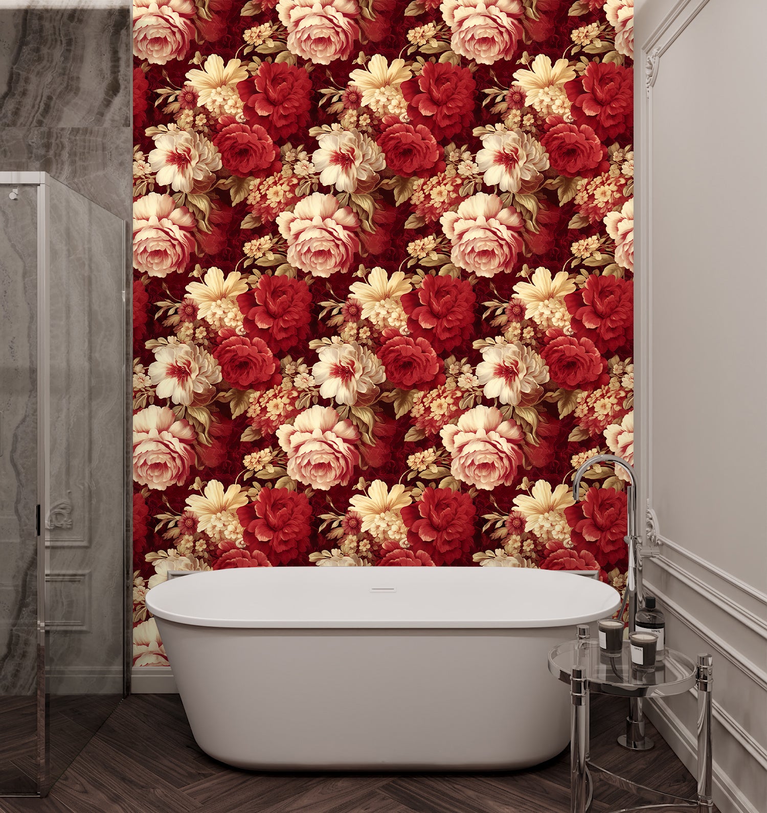 HaokHome Wallpaper Peel and Stick Red and Cream Floral Watercolor Wall Decor Removable Mural