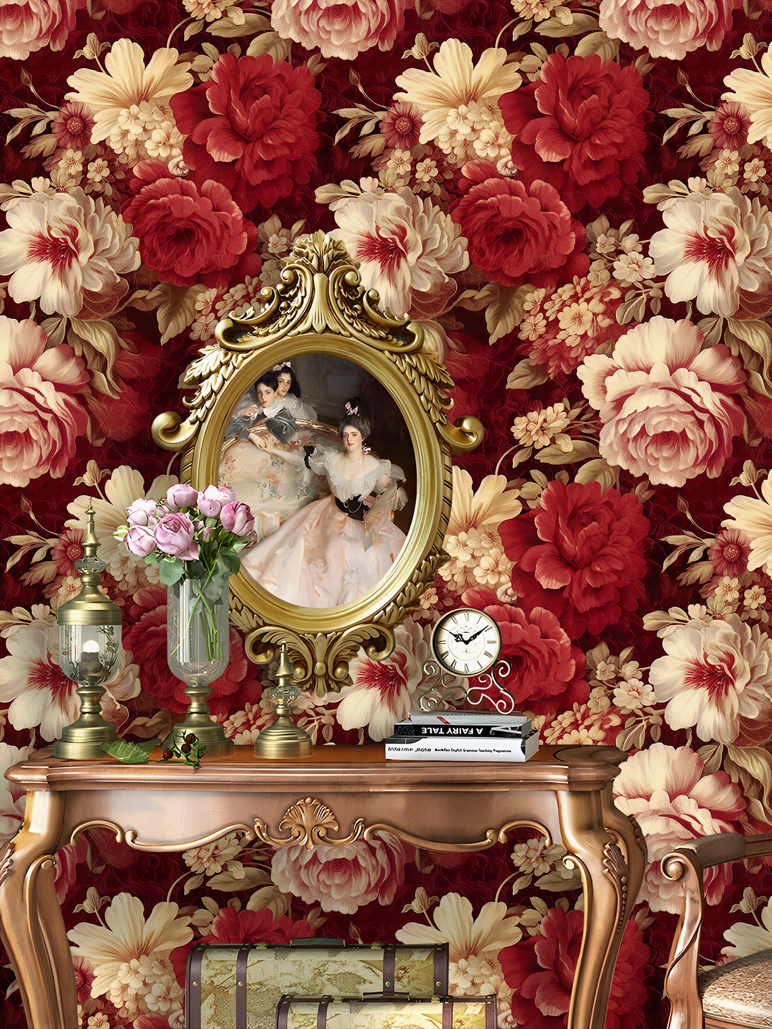 HaokHome Wallpaper Peel and Stick Red and Cream Floral Watercolor Wall Decor Removable Mural