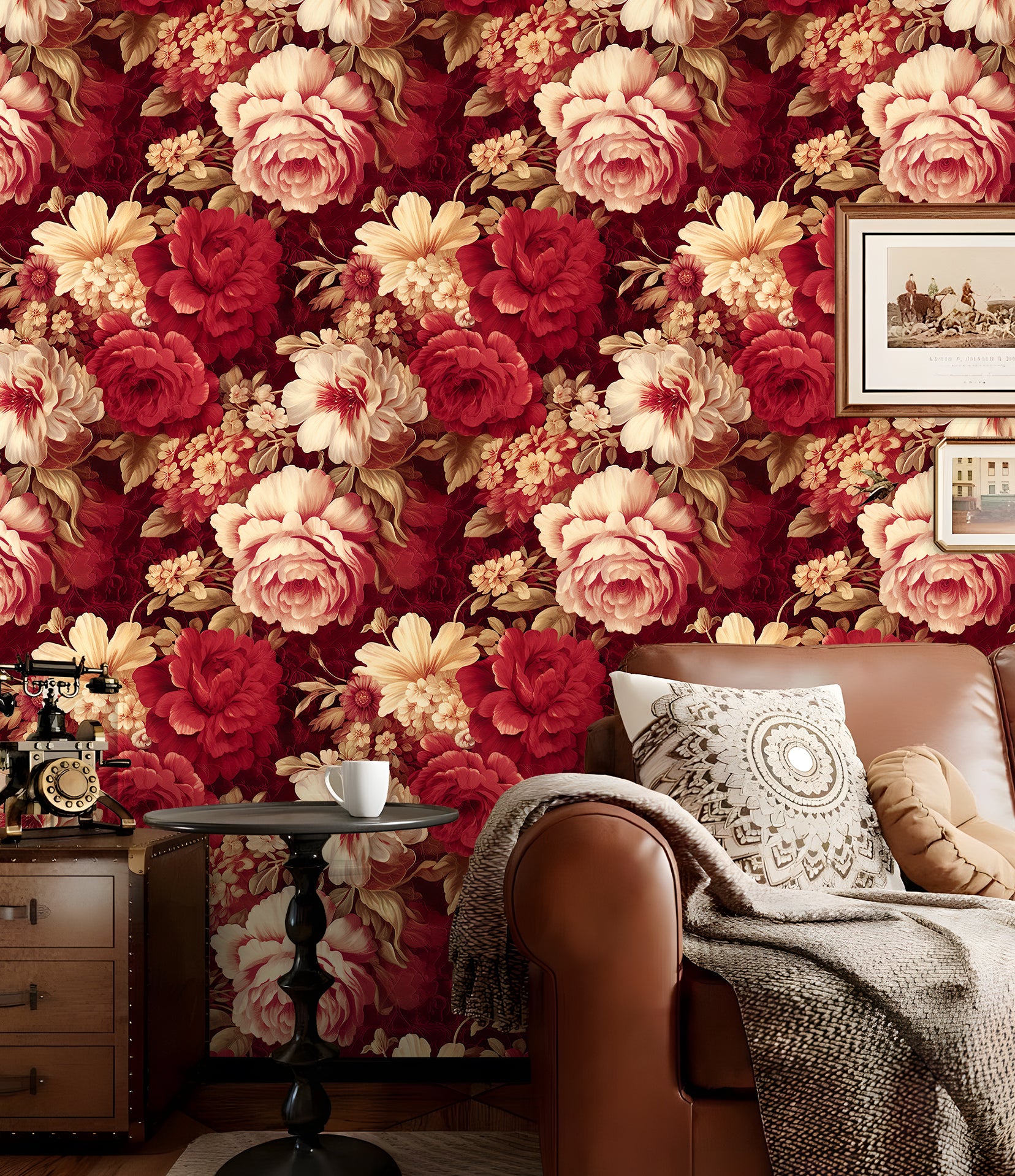 HaokHome Wallpaper Peel and Stick Red and Cream Floral Watercolor Wall Decor Removable Mural