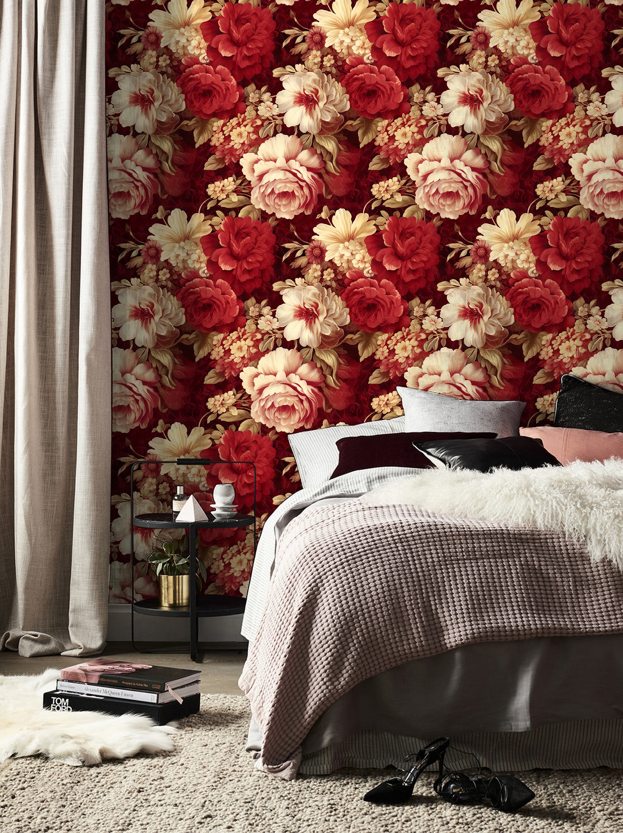 HaokHome Wallpaper Peel and Stick Red and Cream Floral Watercolor Wall Decor Removable Mural