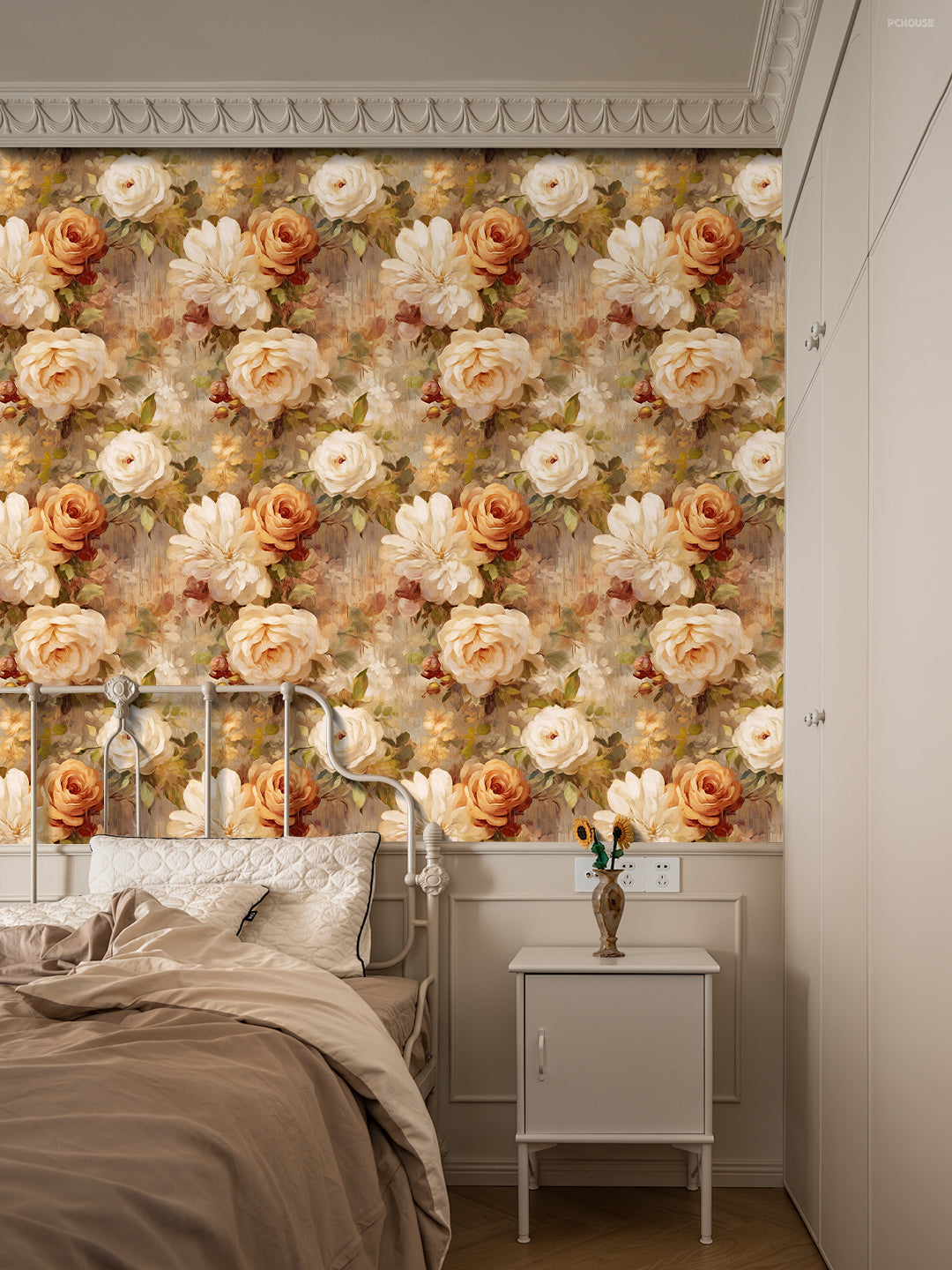 HaokHome Wallpaper Peel and Stick Rose Floral Watercolor Wall Decor in Cream, Beige & Orange Removable Mural