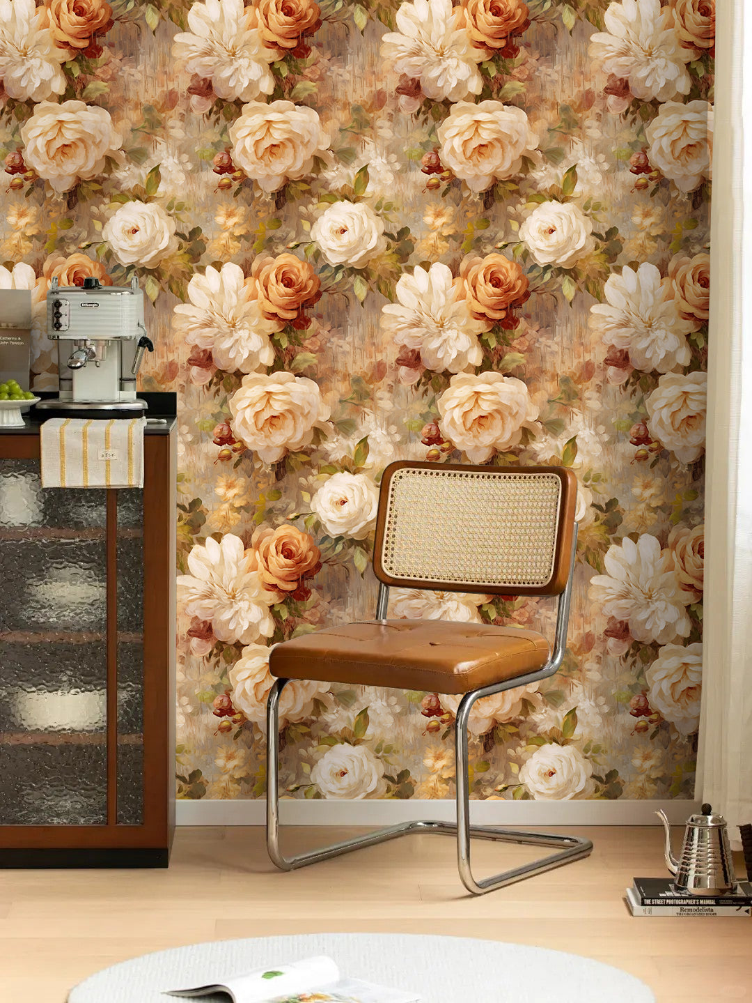 HaokHome Wallpaper Peel and Stick Rose Floral Watercolor Wall Decor in Cream, Beige & Orange Removable Mural