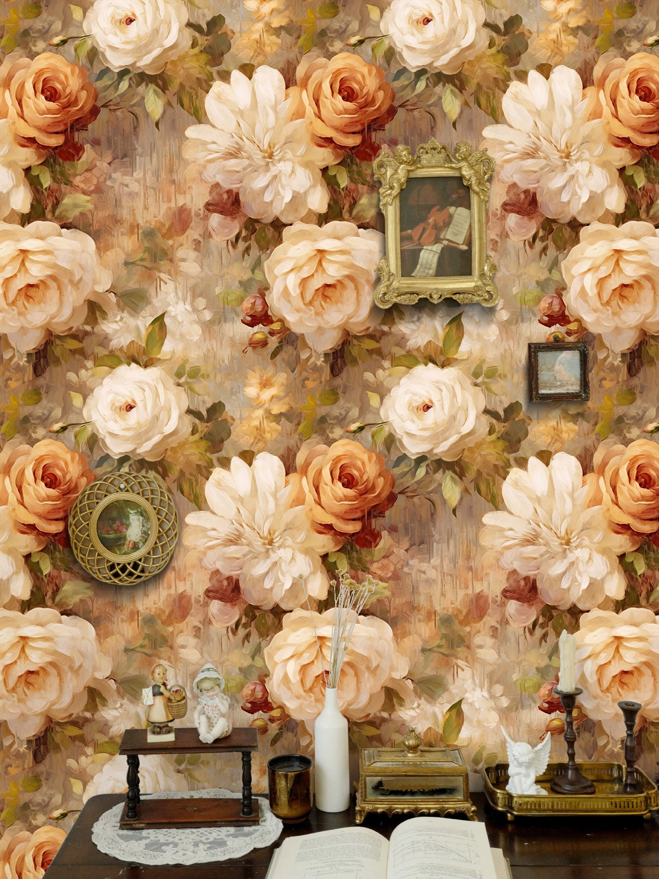 HaokHome Wallpaper Peel and Stick Rose Floral Watercolor Wall Decor in Cream, Beige & Orange Removable Mural
