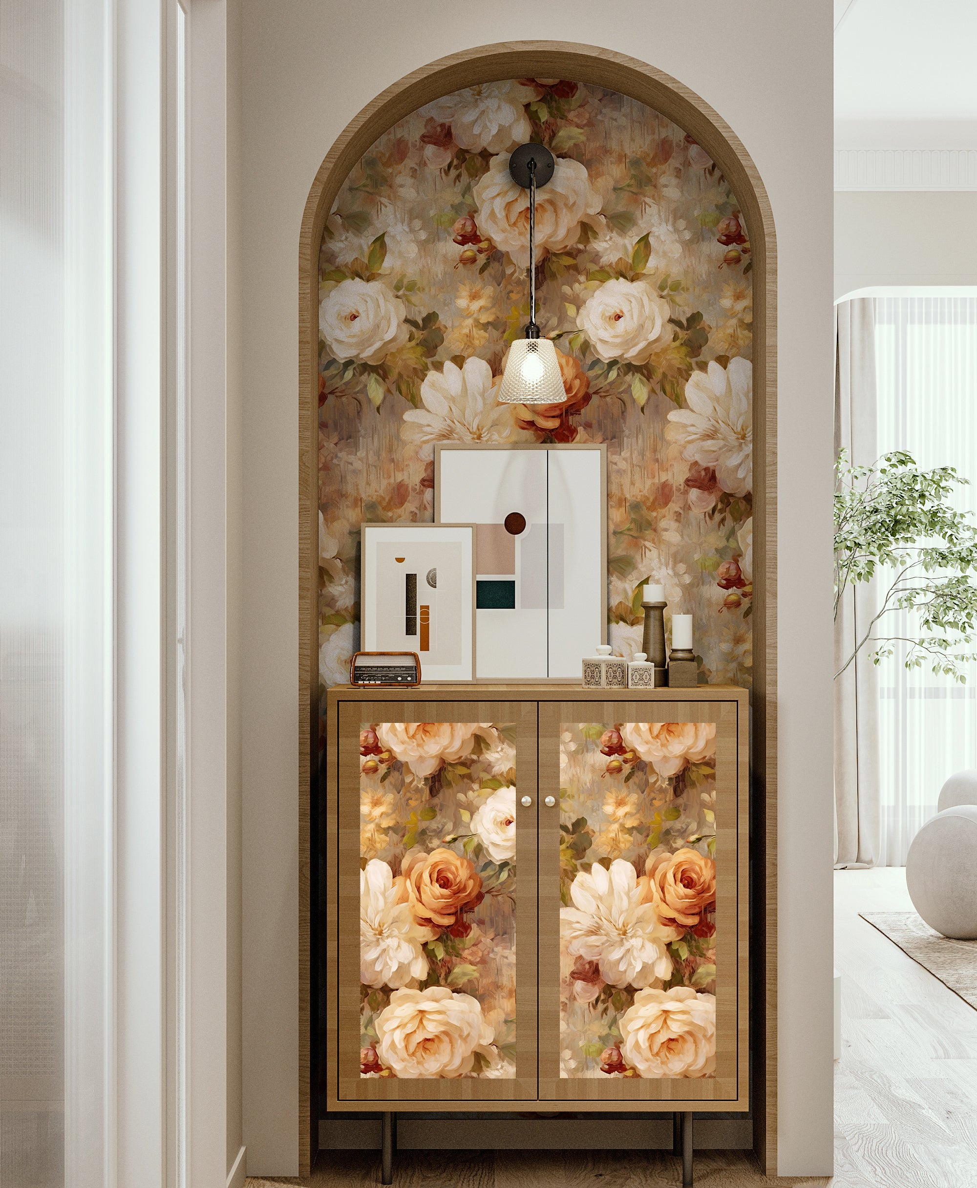 HaokHome Wallpaper Peel and Stick Rose Floral Watercolor Wall Decor in Cream, Beige & Orange Removable Mural