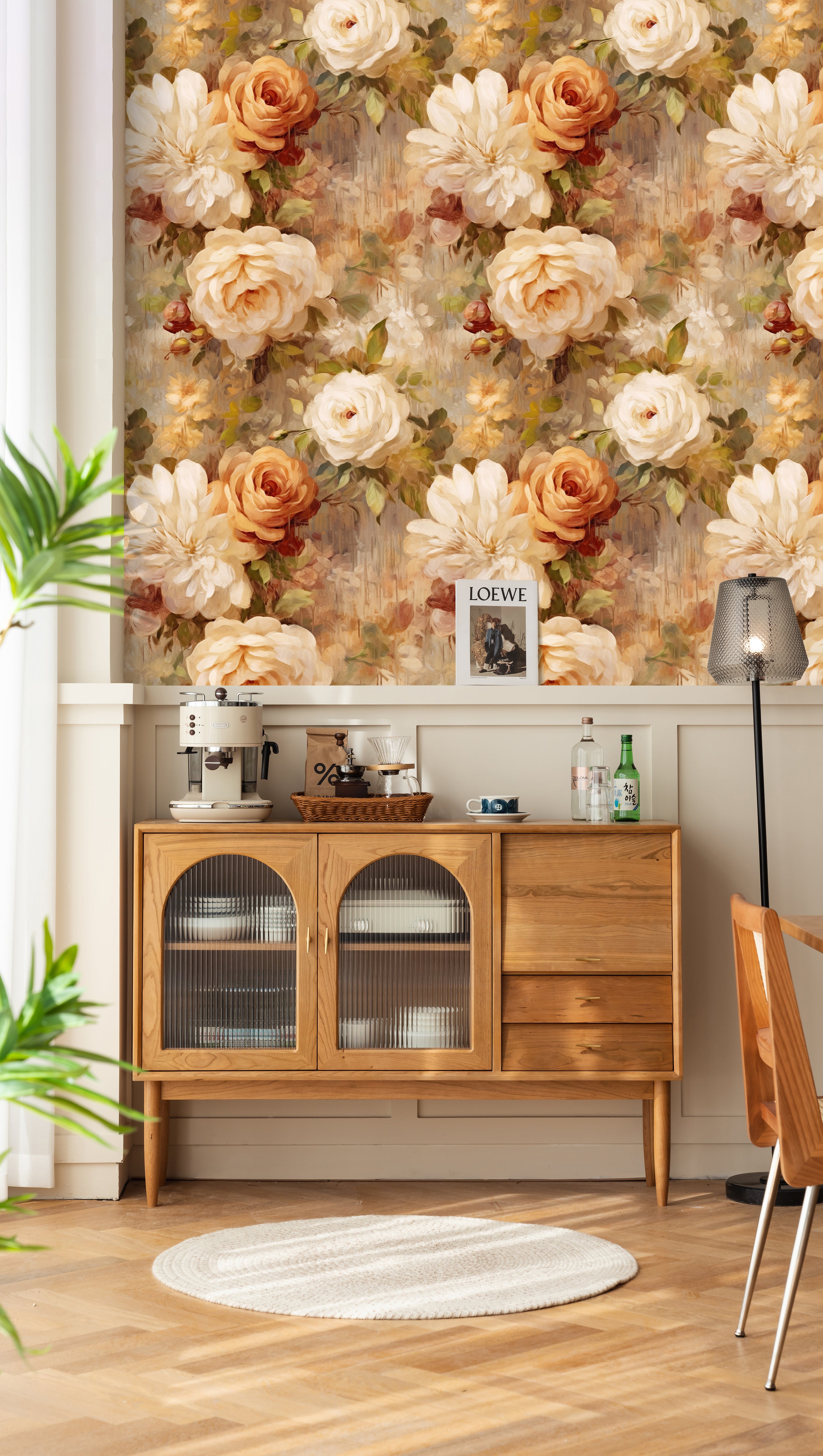 HaokHome Wallpaper Peel and Stick Rose Floral Watercolor Wall Decor in Cream, Beige & Orange Removable Mural