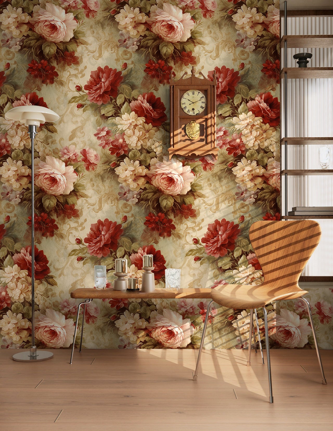 HaokHome Wallpaper Peel and Stick Rose Floral Watercolor Wall Decor in Red, Pink & Beige Removable Mural